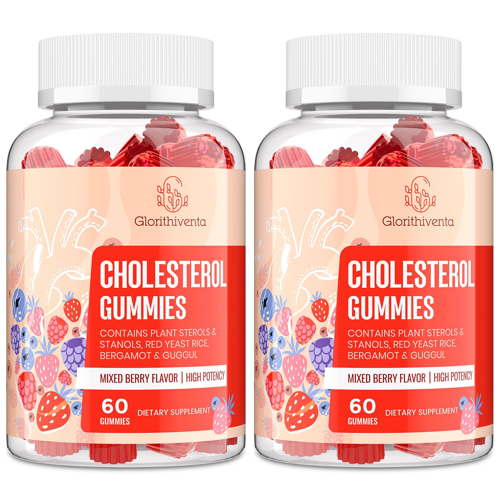 Glorithiventa Gomas de Esteróis Vegetais e Estanóis com Guggul, Extrato de Laranja-Bergamota e Arroz Vermelho Fermentado, Sabor Frutas Vermelhas, 120 gomas
