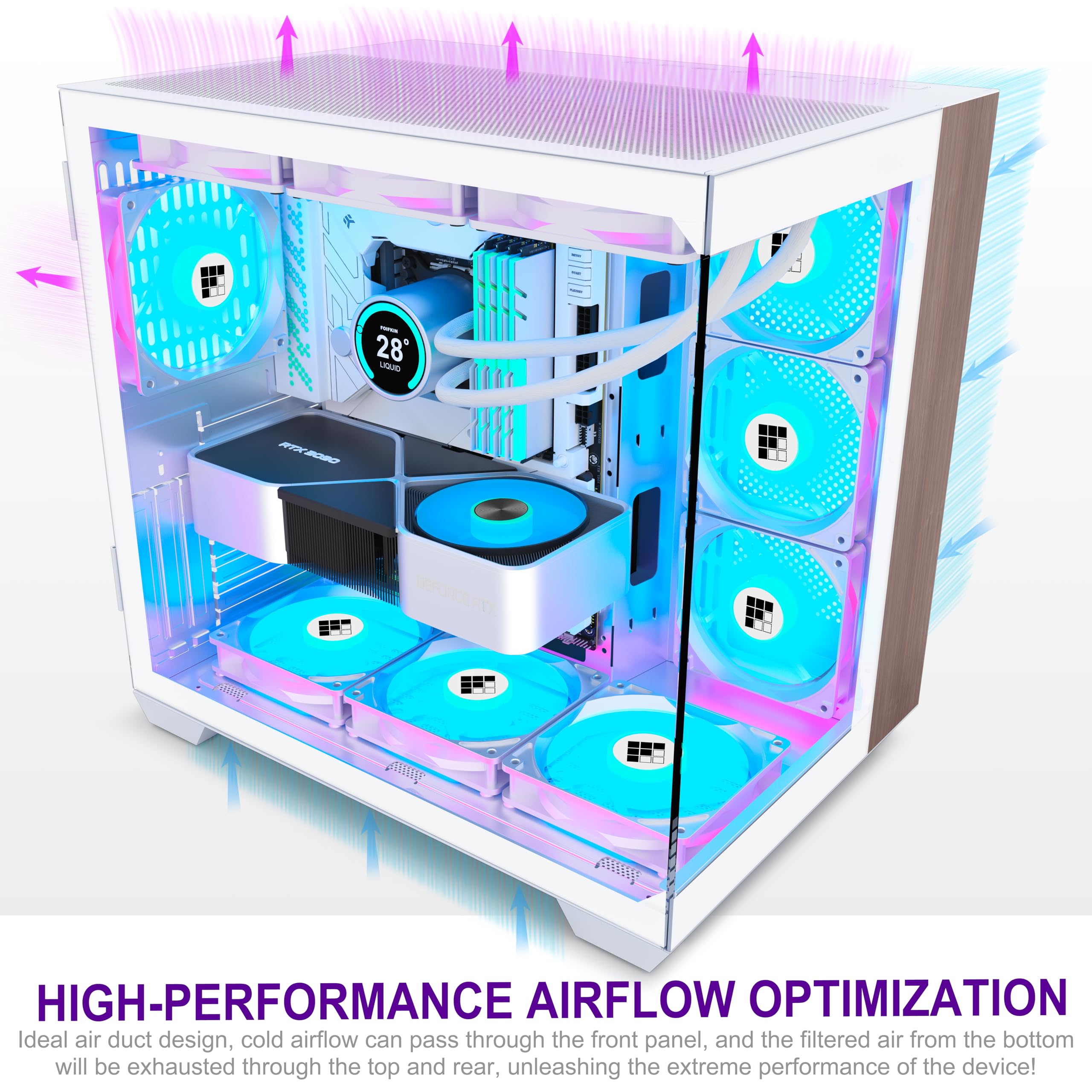 FOIFKIN M9 Case PC - annello frontale in noce,Ventole preinstallate 7 PWM ARGB, alloggiamento ATX Mid-Tower Gaming PC, vetro panoramico a 270° con type C (Bianco, M9)
