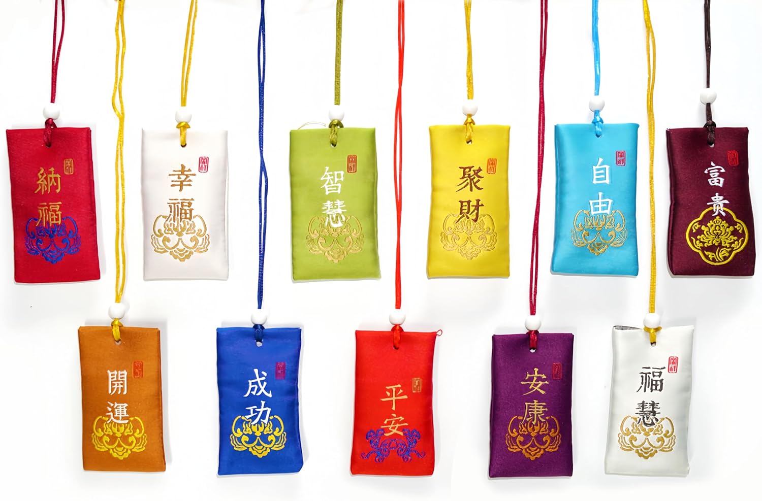 ラッキーマネーバッグオーナメント、漢字付き、11個セット、アソートカラー
