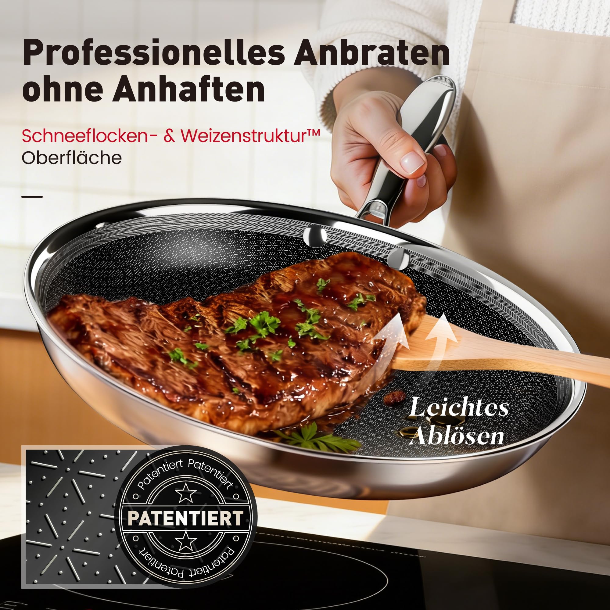 Kitchen Academy - Set di pentole antiaderenti con coperchio in vetro, a induzione, in acciaio inox, 6 pezzi, pentole e padelle da 20,26 e 30 cm, con rivestimento antiaderente con coperchio per tutti i - 3