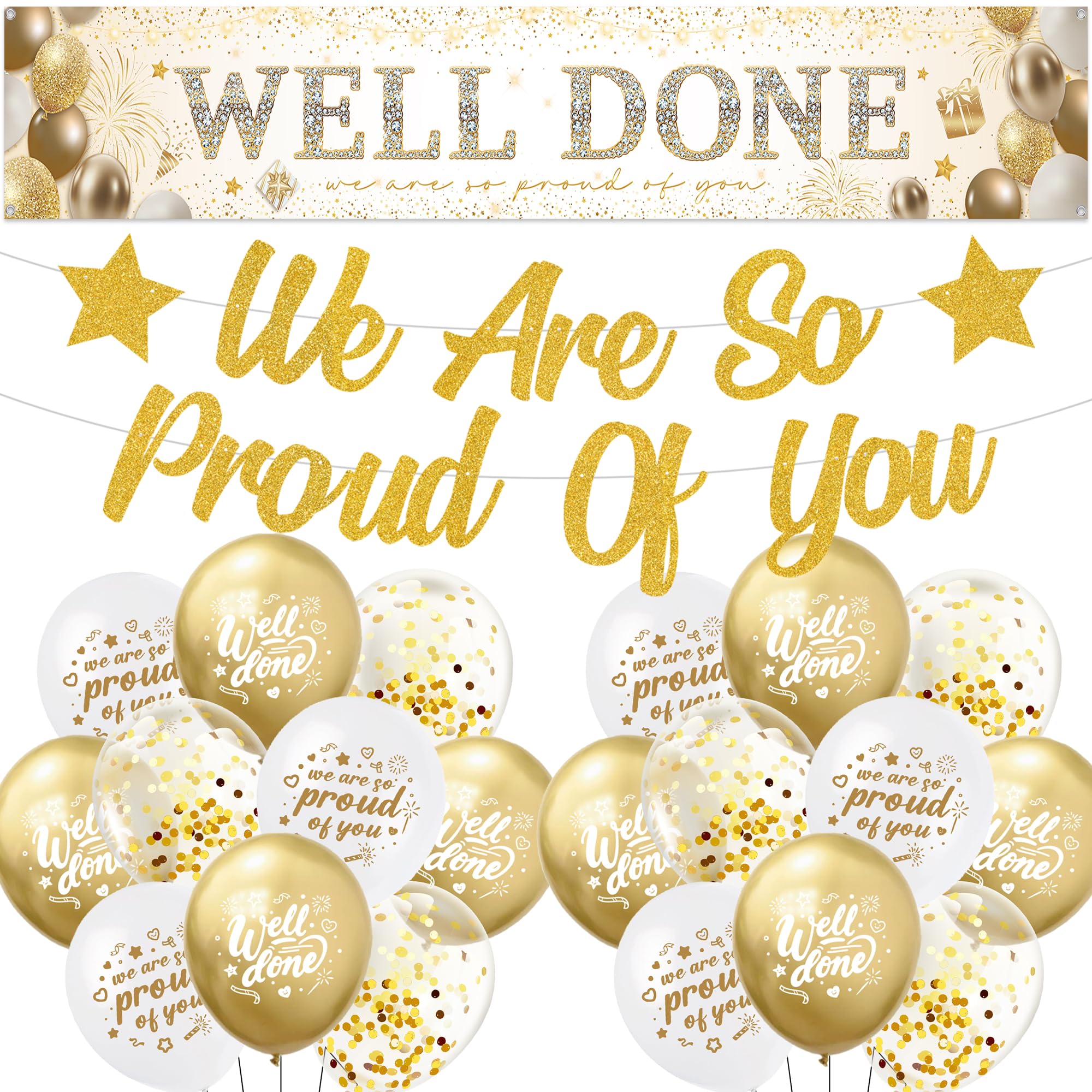 Graduation Decorations Congratulations Banner 2026 - We Are So Proud of You Party Supplies Well Done Banners Gold, Latex Balloons for Grad Retirement Party Decor
