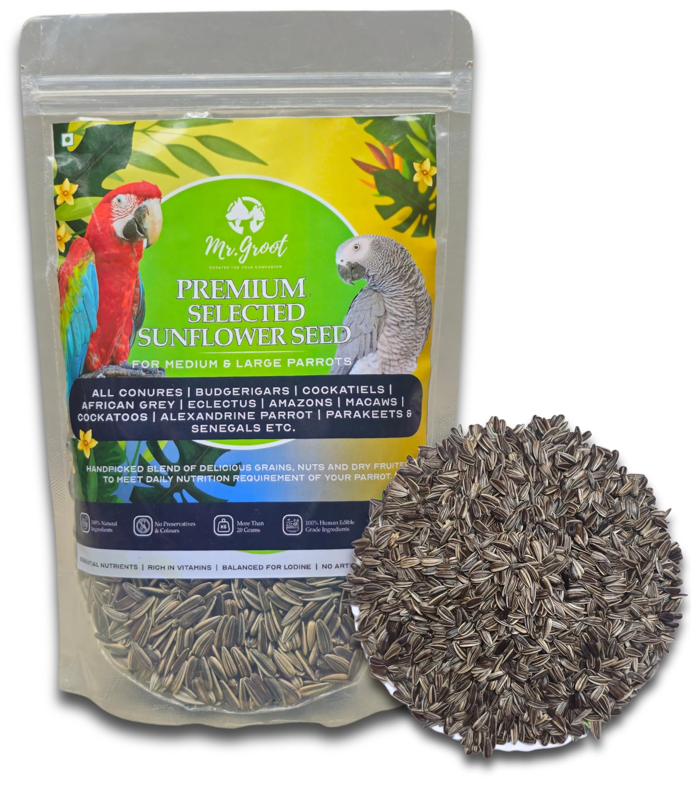 Mr. Groot Premium Selected Striped Sunflower Seed Bird Food for Conures, Cockatiels, African Grey, Macaws, Cockatoo, Lovebirds, Cockatiels, Amazon, Macaws, Indian Parrots. for All Life Stages 450g (B0D4MBGZDN) Amazon Price History, Amazon Price Tracker