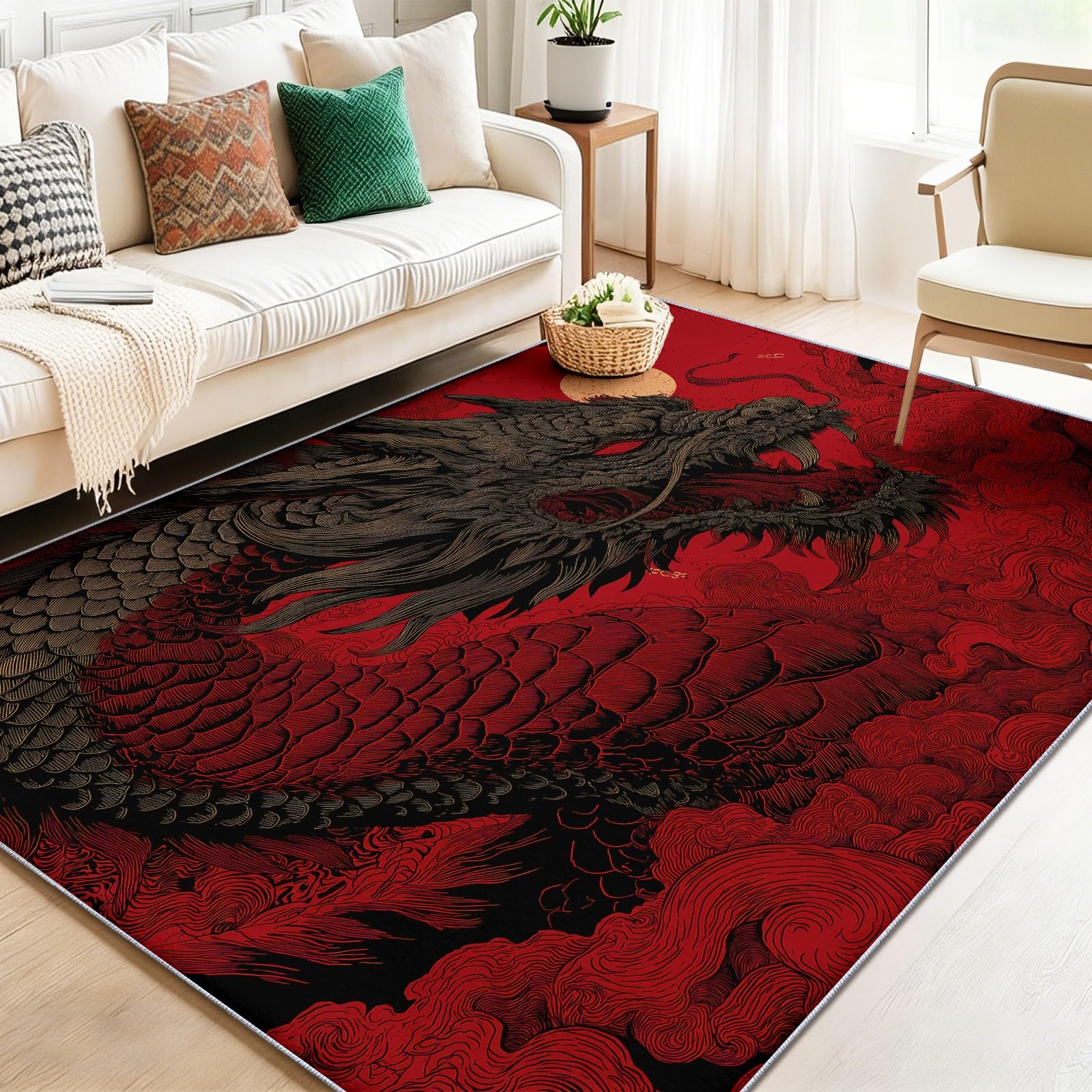 Tapis de Salon Lavable en Machine Rouge Oriental Dragon Lune Anime Faible Poil Antidérapant avec Motif Imprimé Tapis Chambre pour la Chambre à Coucher, 120 x 170 cm