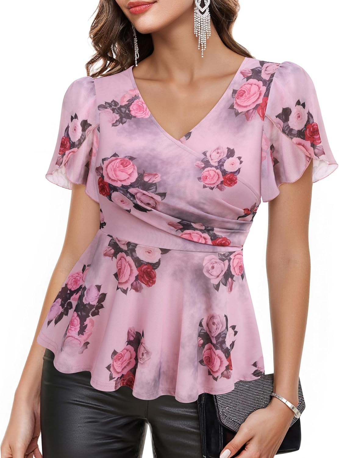 Lotusmile Womens Peplum Tops Dressy Casual Petal Sleeve Mesh Elegant Wrap Blouses for Women Work Night Out Party
