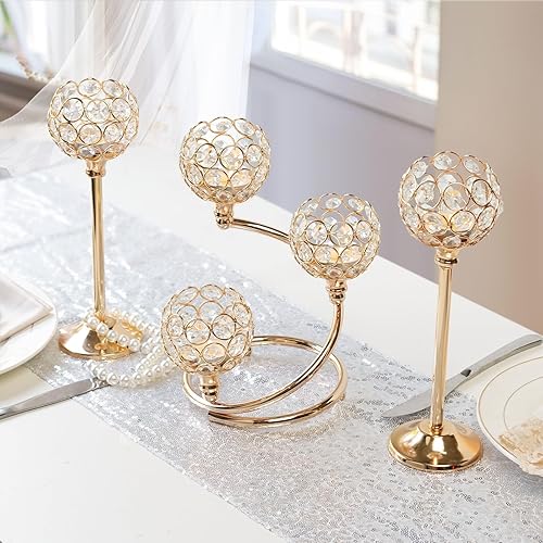 Miniatura 5 de Juego de 3 portavelas de cristal de metal dorado, elegante centro de mesa de metal de 5 brazos con cuenco de cristal brillante, decoración de mesa