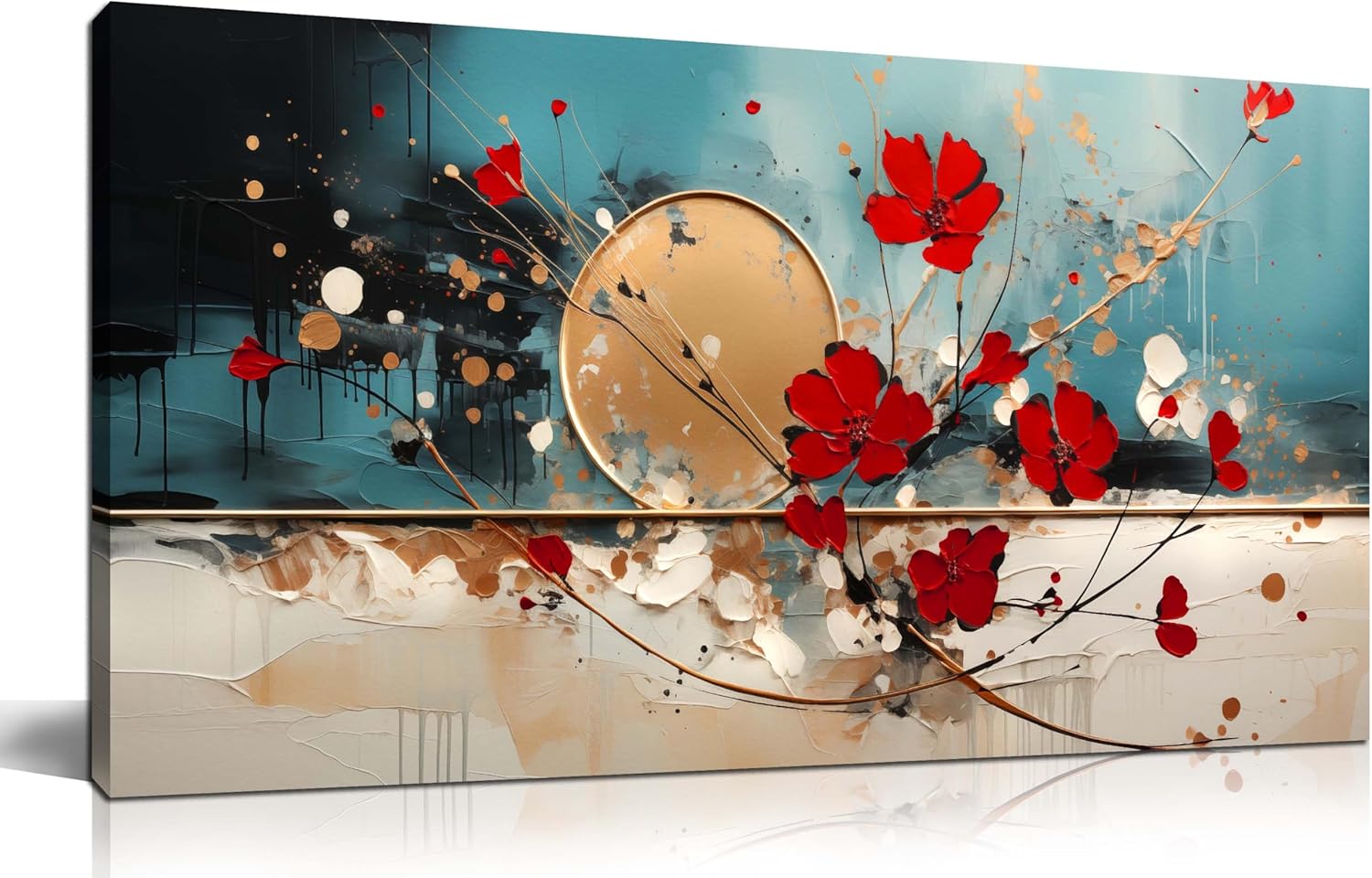 Floral Wall Art Red Flowers with Teal Background Modern Abstract Artwork for Living Room Bedroom Office Home Canvas Prints 20x40 Inch 20"L x 40"W red