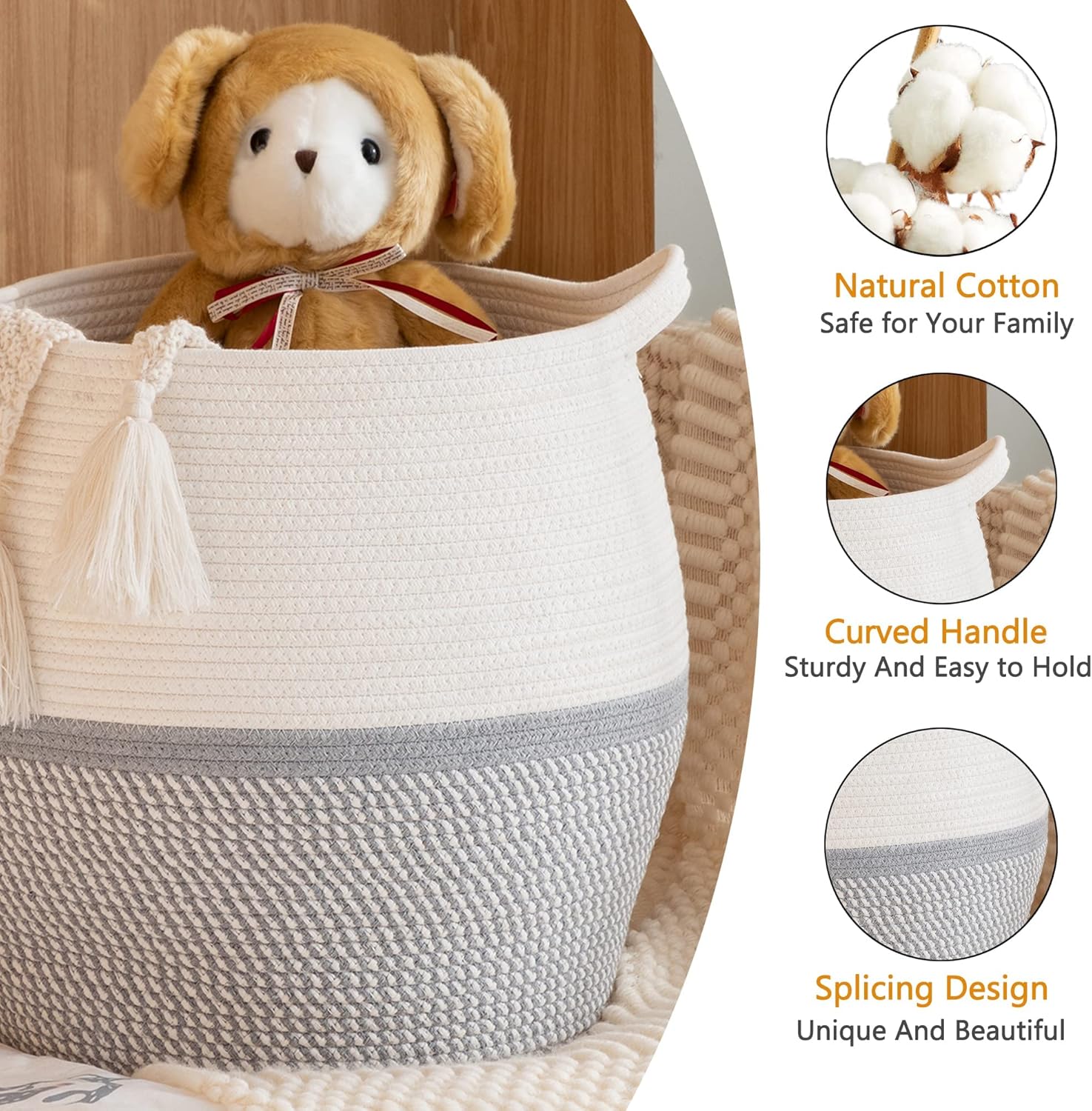 KAKAMAY Woven Baskets for Storage(17"x17"),Large Cotton Rope Woven Baby Laundry Hamper,Collapsible Laundry Basket, Blanket Basket for Organizing Living Room,Nursery,Pillows,Toy Chest(Grey) - Image 2