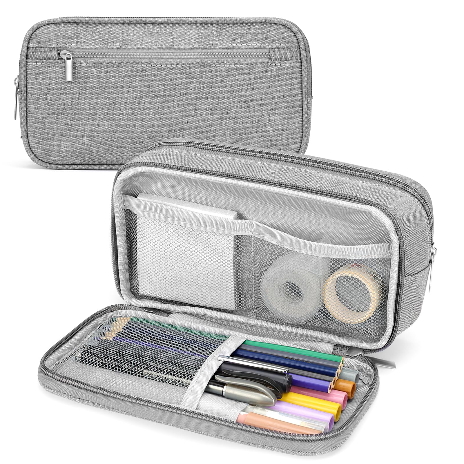 Maomaoyu Estuche Escolar Grandes Capacidad, Estuche Escolar con 3 Compartimentos, Multifuncional Portable Estuche para Niña, Niños, Adolescentes & Estudiantes (Gris)