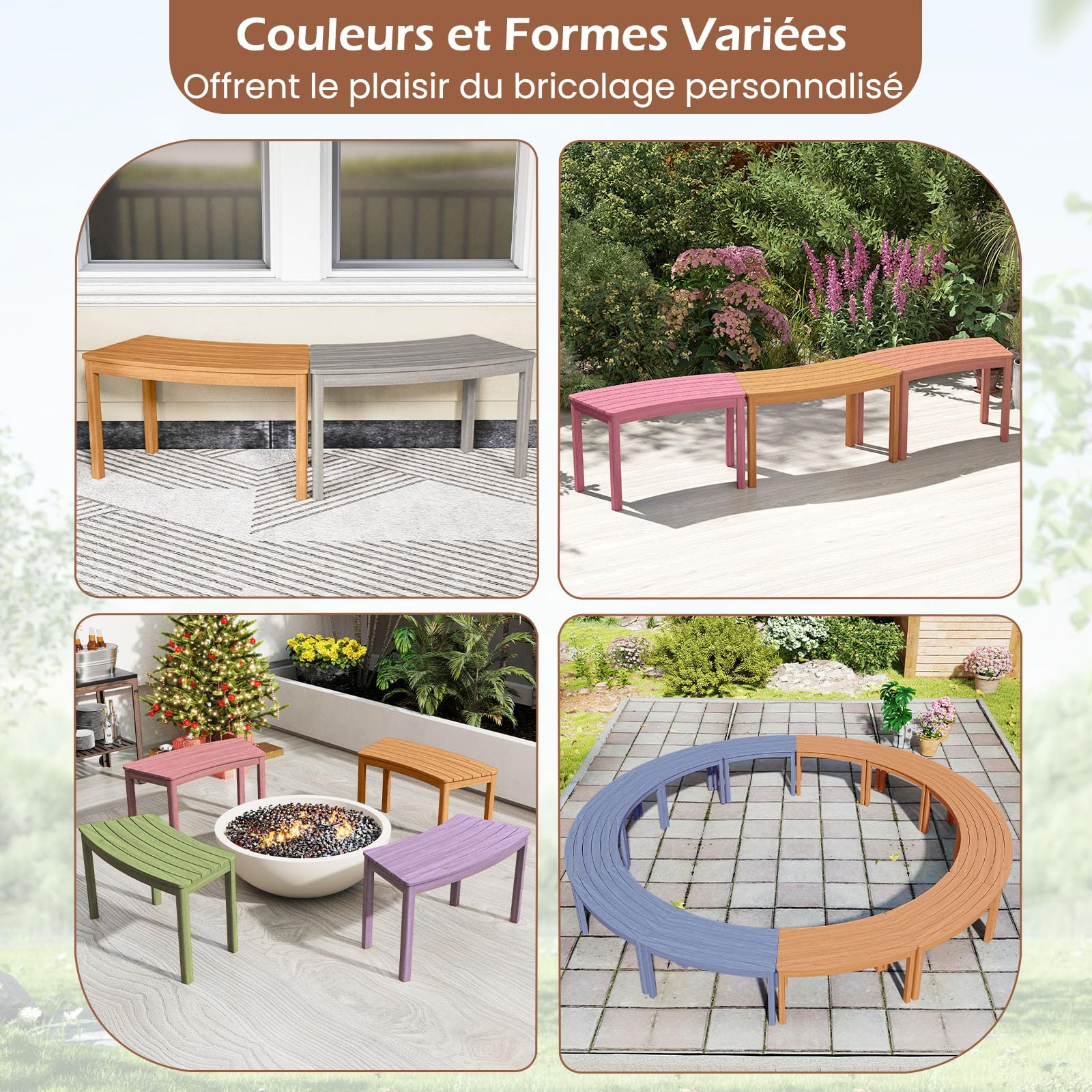 DREAMADE Lot de 2/4 Bancs Extérieurs Incurvés, Bancs de Foyer sans Dossier en Bois d’Acacia avec Assises à Lattes, pour Patio, Jardin, Terrasse, Charge 180 kg (Naturel,2)