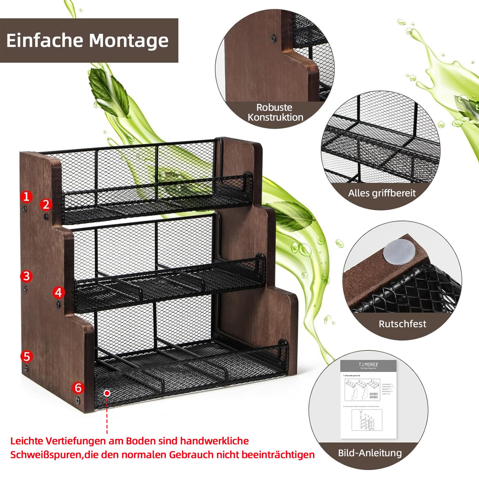 THYGIFTREE Teebeutelhalter mit 3 Ebenen, Teebeutel Aufbewahrung, Massivholz, Teebeutel-Organizer für Küche, Büro, Arbeitsplatte, Zuckerpackungen, Milchkännche