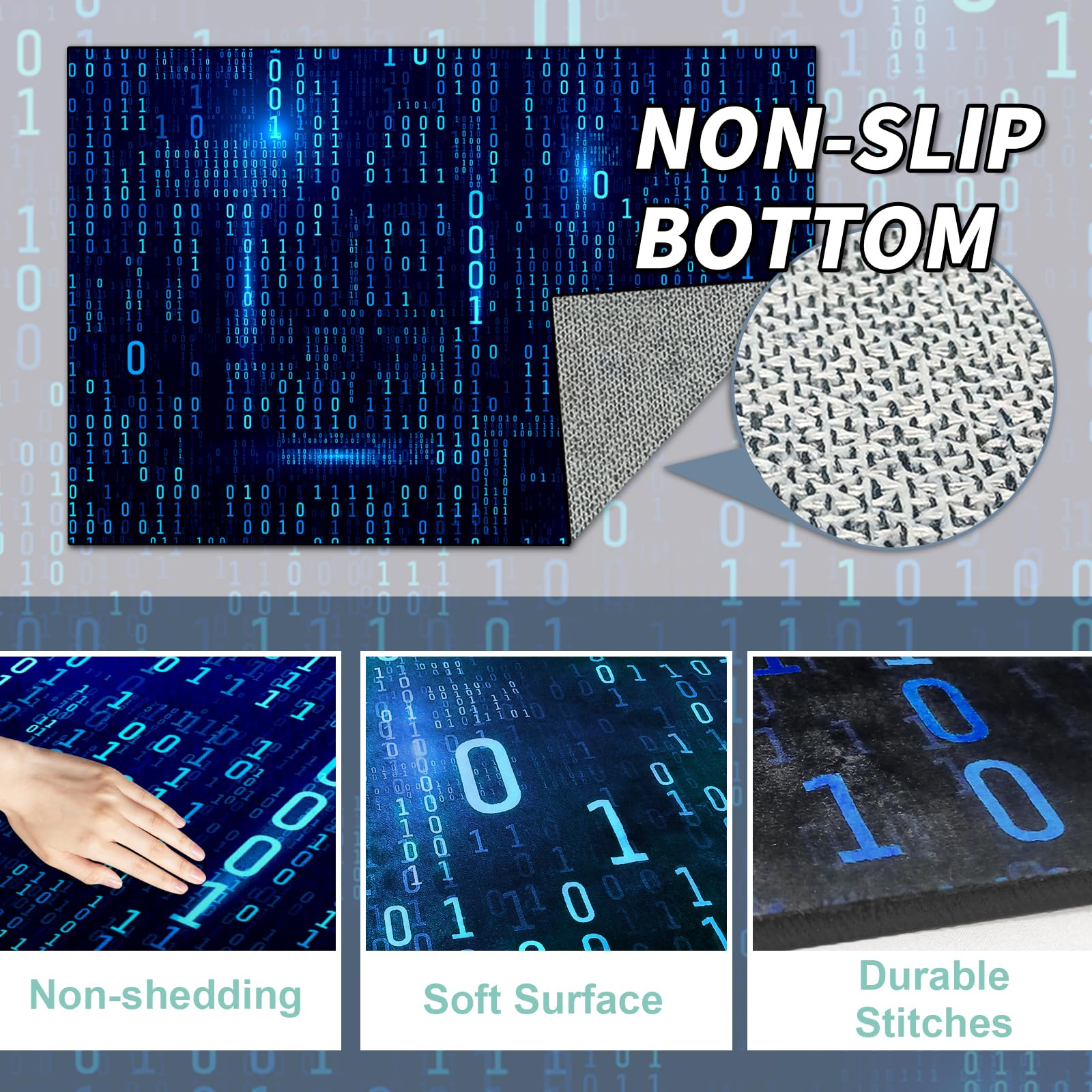 Washable Game Area Rug, Binary Code Design Gaming Programmer Teen Carpet Rug Doormat, Non-Slip Low-Pile Floor Carpet for Computer Bedroom Indoor Front Entrance Living Room Office (60" x 40"): Blue Binary Code Area Rug 3'11" x 5'3" (Rectangular)