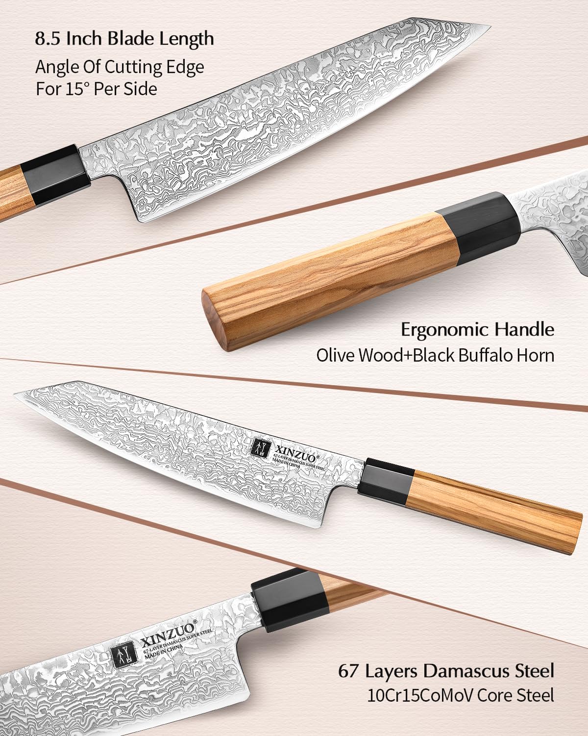 XINZUO Coltello da Cuoco Kiritsuke 21,5cm Acciaio Damasco Stile Giapponese Forgiato a Mano