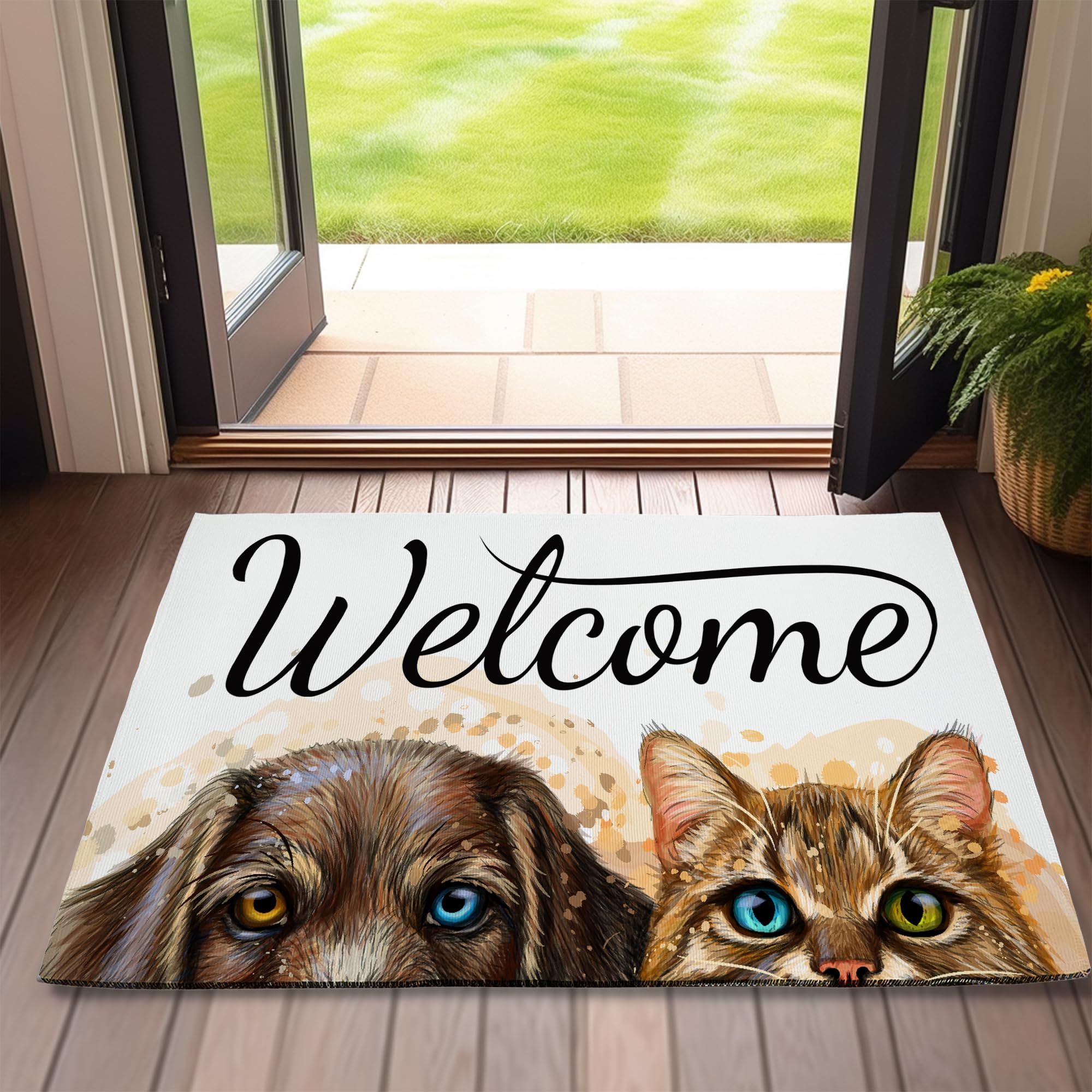SPUNKER Door Mat,Dog Cat Front Doormats 17''x30'',Welcome Watercolor Indoor Outdoor Entrance Welcome Mat,Low-Profile Floor Rugs for Entry Patio