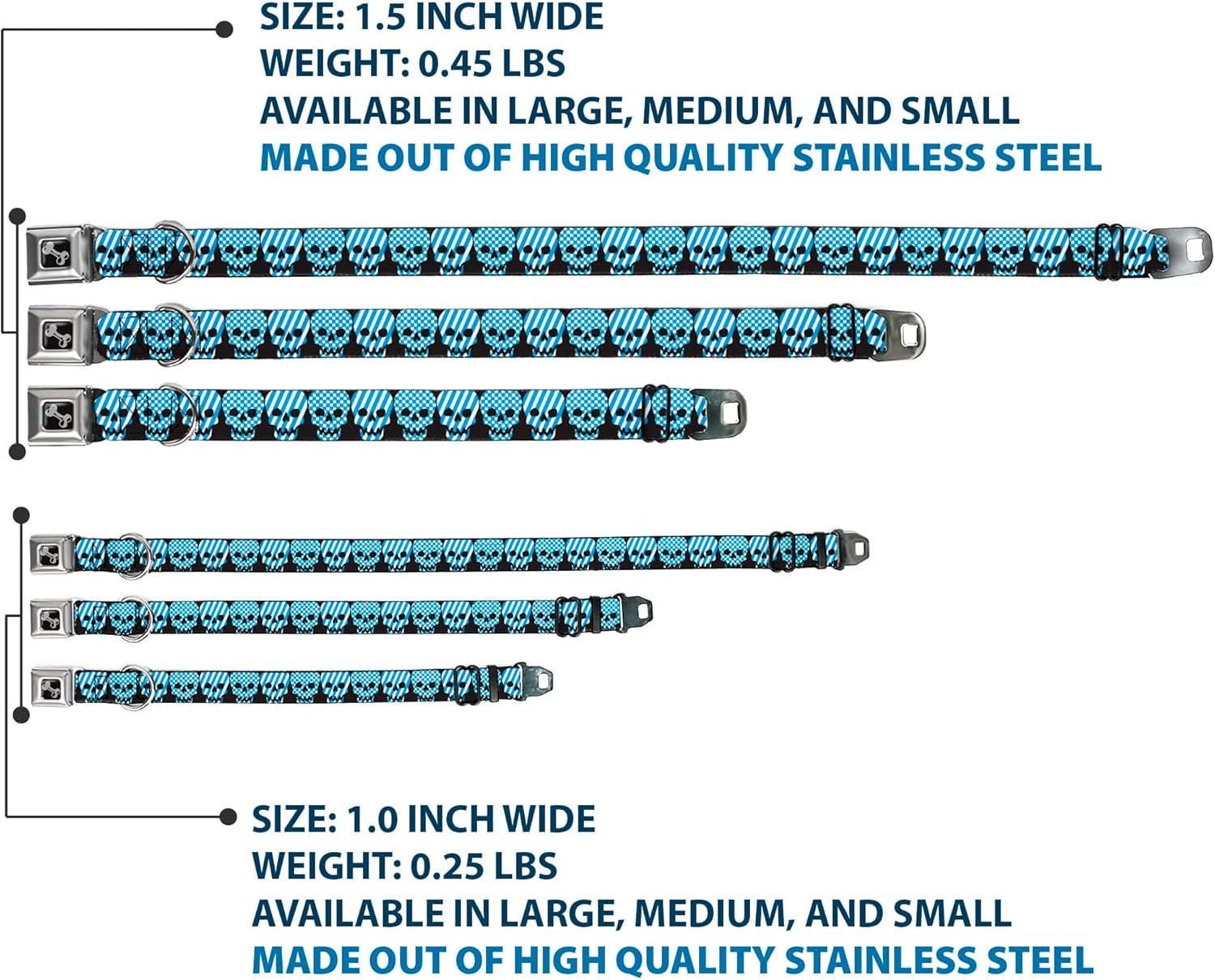 Buckle-Down Seatbelt Buckle Dog Collar - Checker & Stripe Skulls Black/White/Baby Blue - 1" Wide - Fits 15-26" Neck - Large