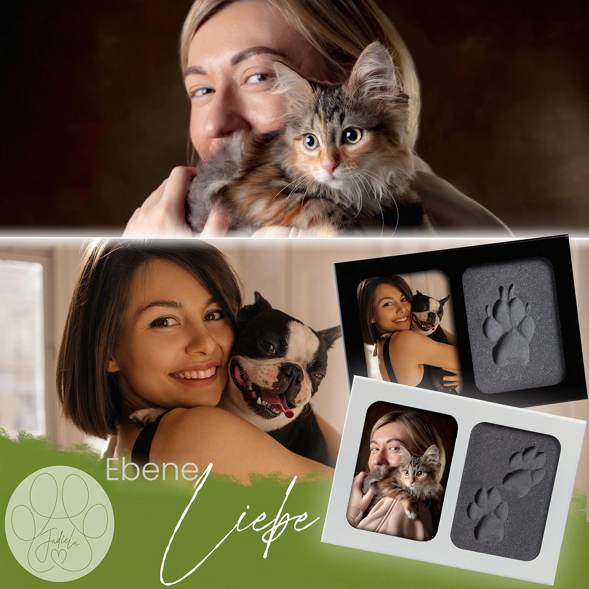 Jadiela Pfotenabdruck Set Hund oder Katze 3D Bilderrahmen in Schwarz, Abdruck Hundepfote Geschenk, Made in Germany