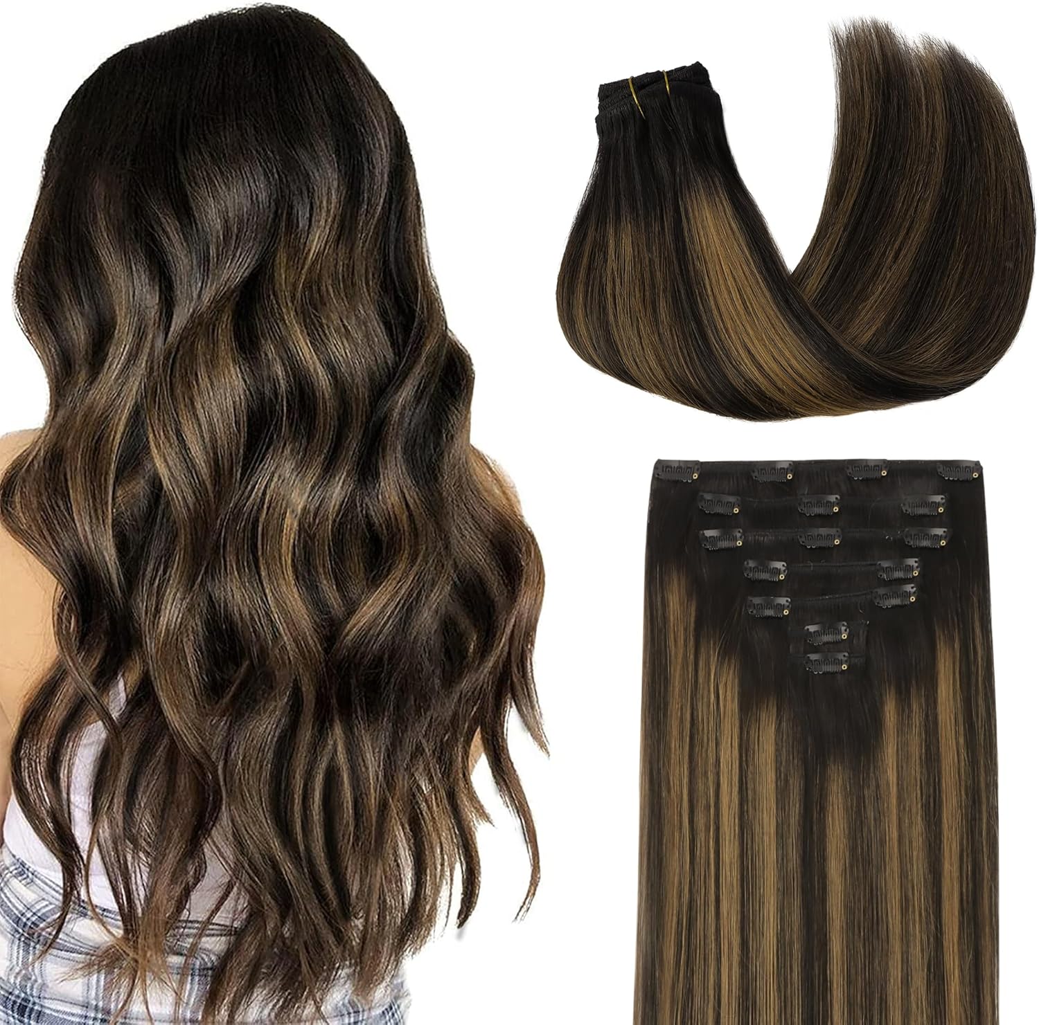 Googoo Clip in Hair Extensions Ombre Natural Black to Light Brown Remy
