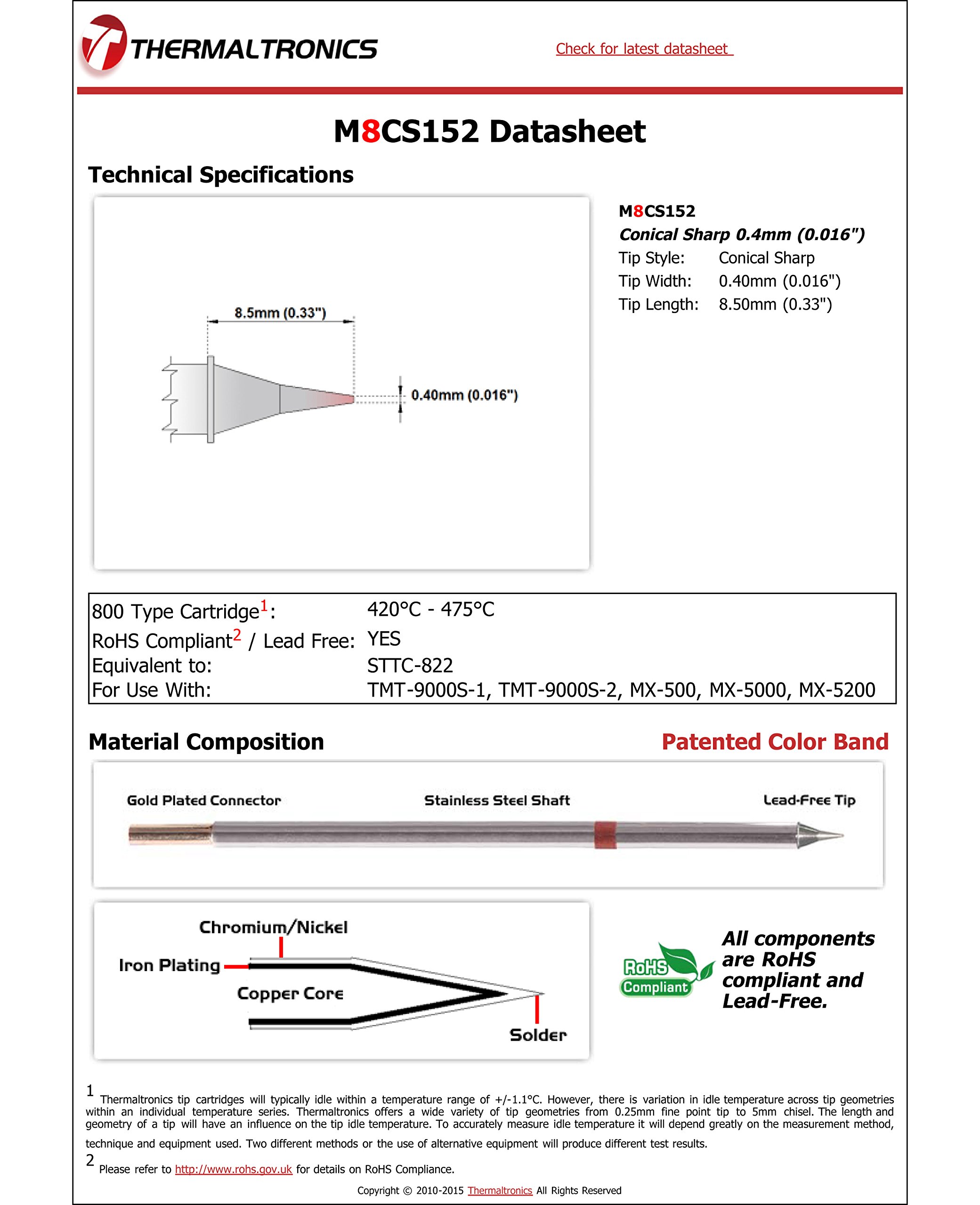 Thermaltronics M8CS152 Conical Sharp 0.4mm (0.016in) interchangeable for Metcal STTC-822