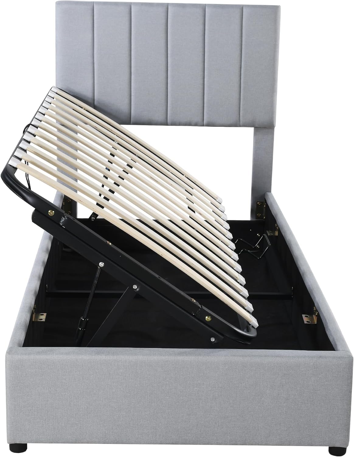 Vertical Channel Design Platform Bed with Hydraulic Storage System, Twin Size Upholstered Bed Frame with Headboard for Bedroom Guest Room, Space-saving Slat Support Bed Foundation No Box Spring Needed