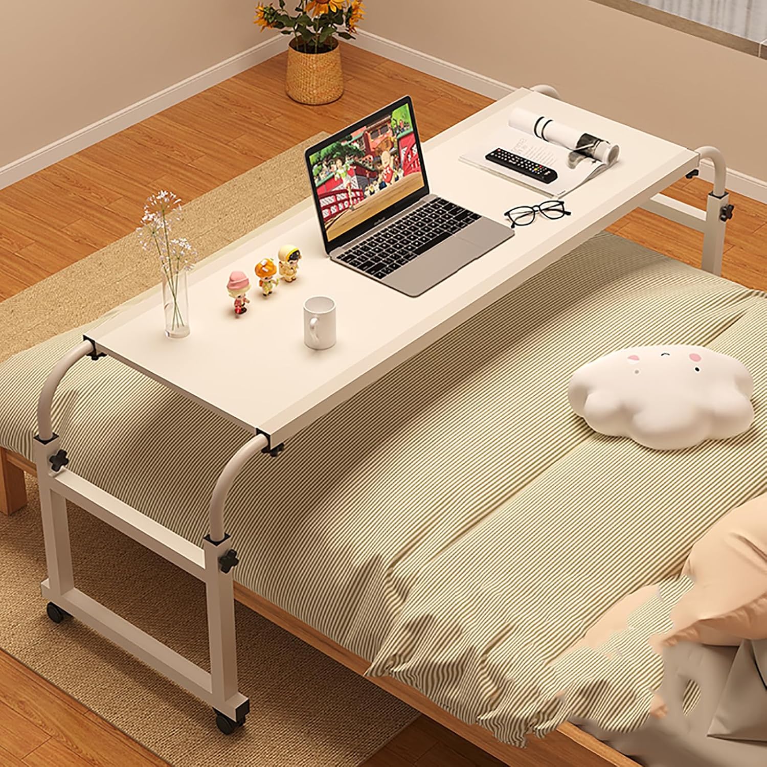Mobile Overbed Table with Wheels Adjustable Bed Desk Hospital Bed Table Compact Bedside Workstation for Home & Office Convenient Cross Bed Table for Easy Use.