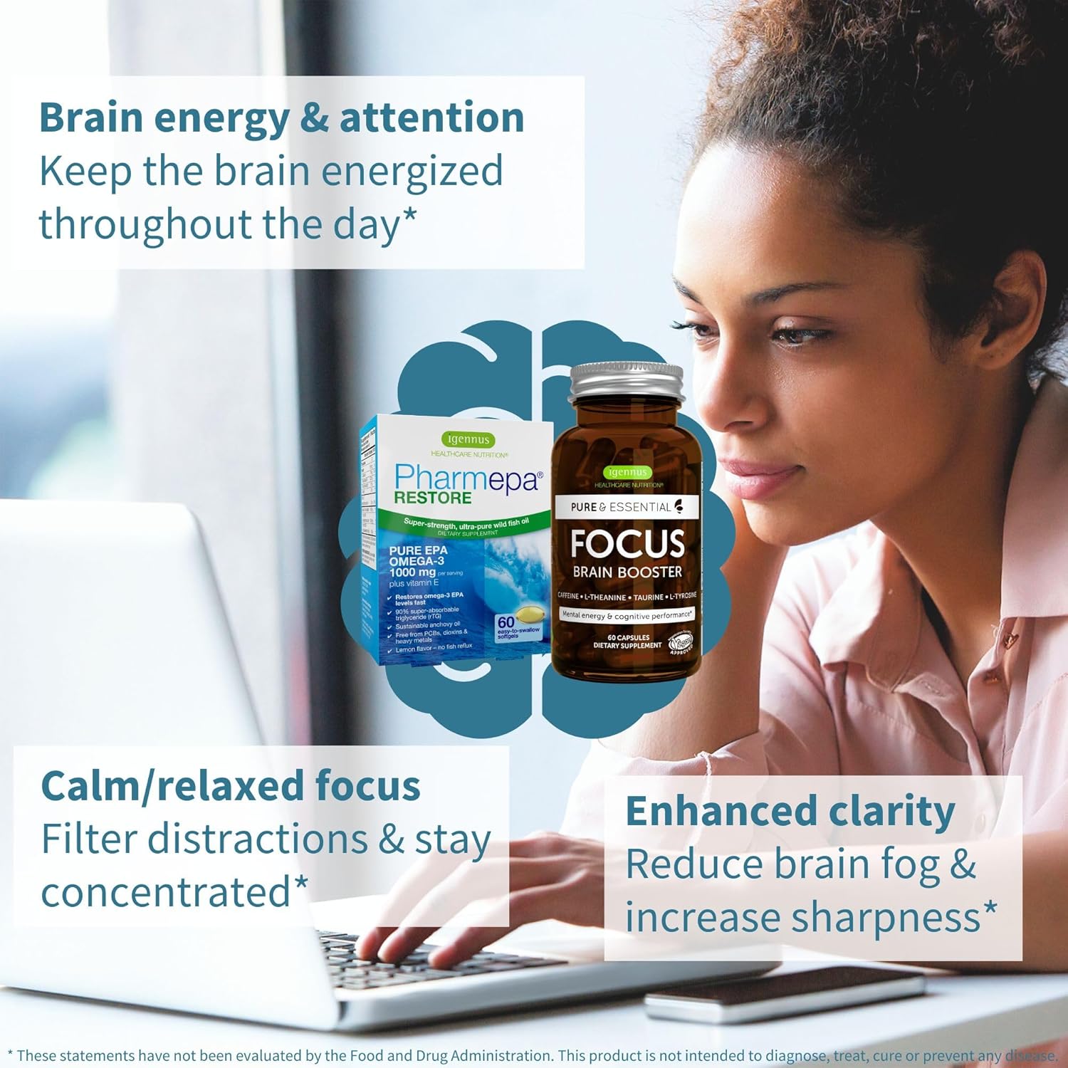 Igennus Pharmepa Restore + Focus Nootropic Attention & Focus Bundle, 1000mg Pure EPA Fish Oil + 200mg Natural Caffeine, Methylated B-Vitamins, L-Theanine, Taurine & L-Tyrosine