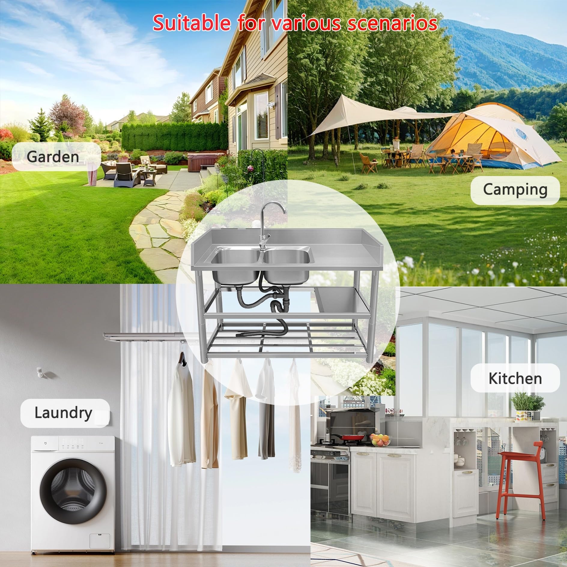 Outdoor Spüle Spültisch Gastro 2 Becken Edelstahl Mobiles Waschbecken Freistehende Spülbecken Kitchen Sink Arbeitsplatte Ausgussbecken mit Armatur für Außen Werkstatt Pantryküche Camping Garten Küche