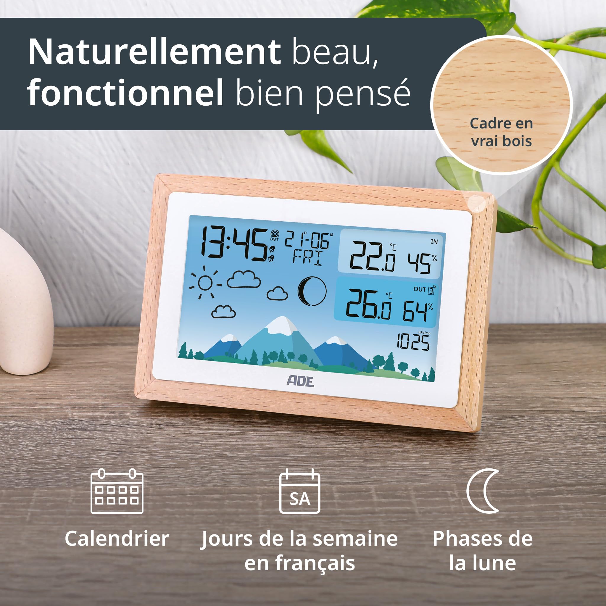 ADE Station météo radiocontrolé avec thermometre interieur | température et humidité intérieure et extérieure avec prévisions météo | Hygromètre et baromètre | réveil avec 2 heures de réveil