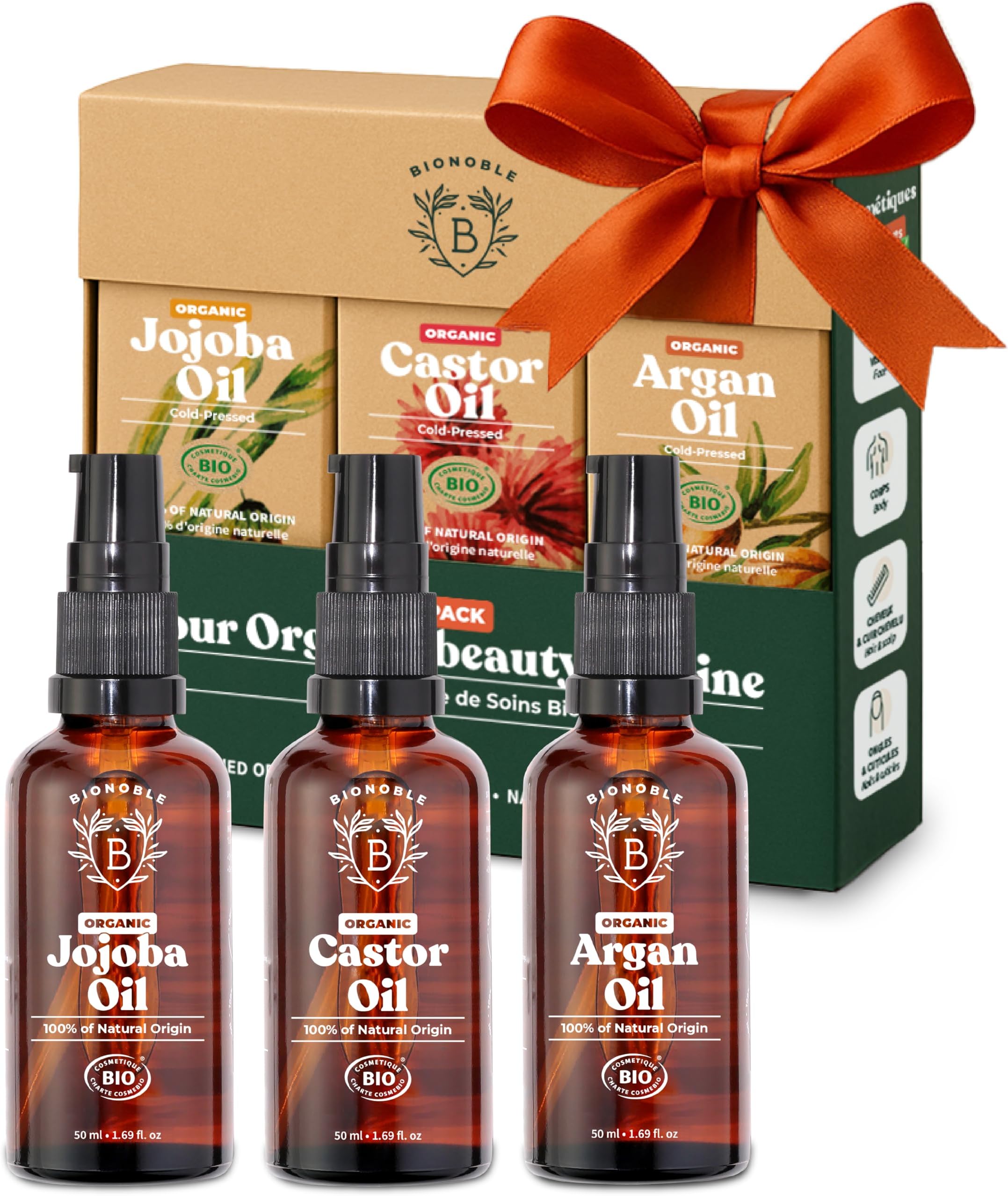 Skincare Set 3x50ml - Organic Castor Oil, Argan Oil and Jojoba Oil - Face, Body and Hair Care - Birthday Gifts for Women