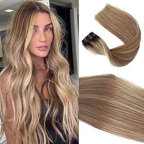 Extensiones de cabello humano con clip, color marrón con reflejos rubios, extensiones de cabello humano suave y natural, 2.47 onzas, 7 unidades, 16