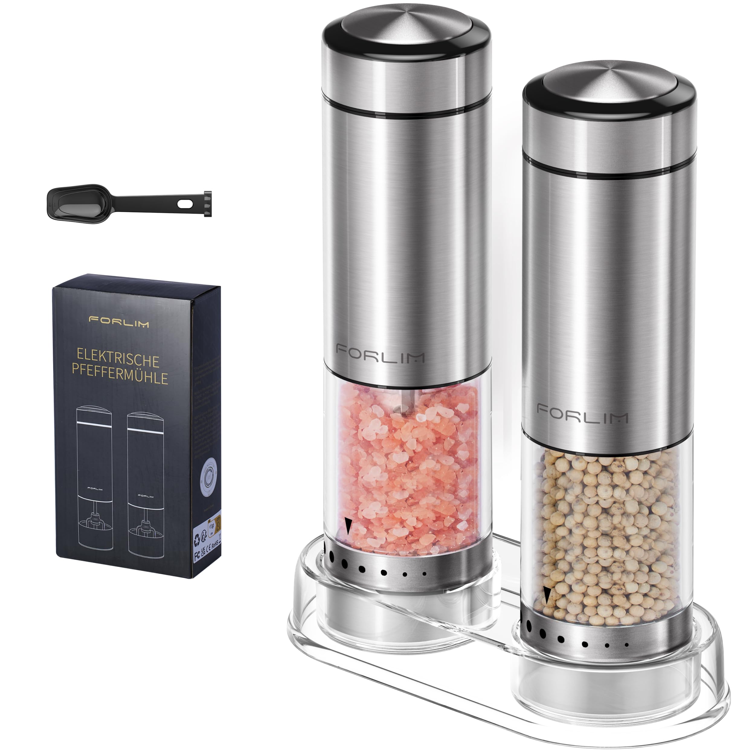FORLIM Electric Salt and Pepper Grinder Set, Upgraded Washable, Batteries Powered Automatic One-Handed Operation with LED, Adjustable Coarseness Pepper and Salt Grinder Refillable, Stainless Steel
