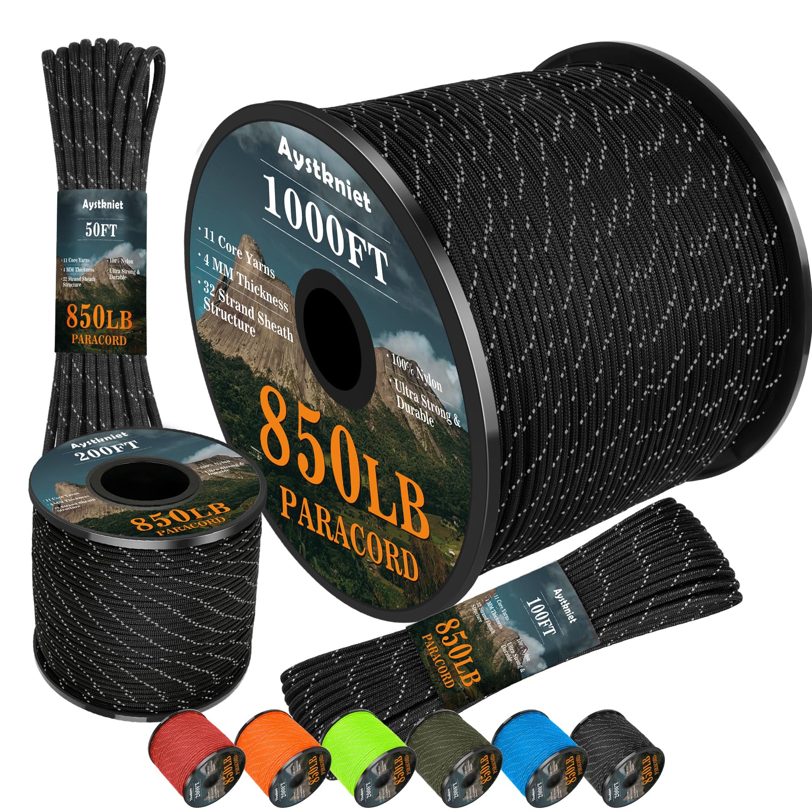 Aystkniet Reflective Paracord 850Ib, 15/30/60/305m 4MM Rope, 11 Strands Outdoor Para Cord, Utility Parachute Cord Tactical Cord for Camping Hiking Survival Crafting DIY, 30M Black