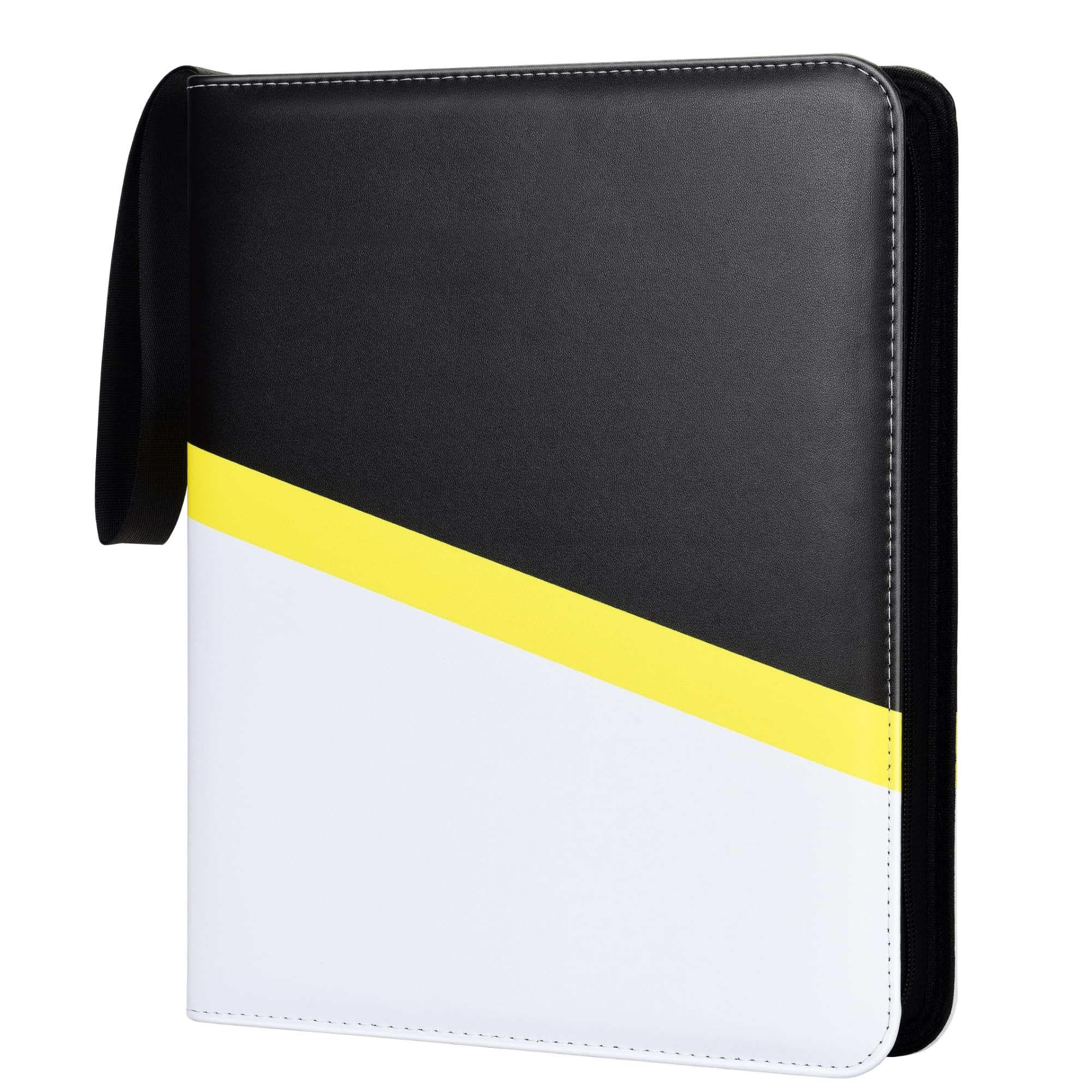 Zettokete Trading Card Binder 9 Pocket with Zipper & Hand Strap, Holds Up to 900 Cards, PU Leather TCG Binder for Collectors, Black & White