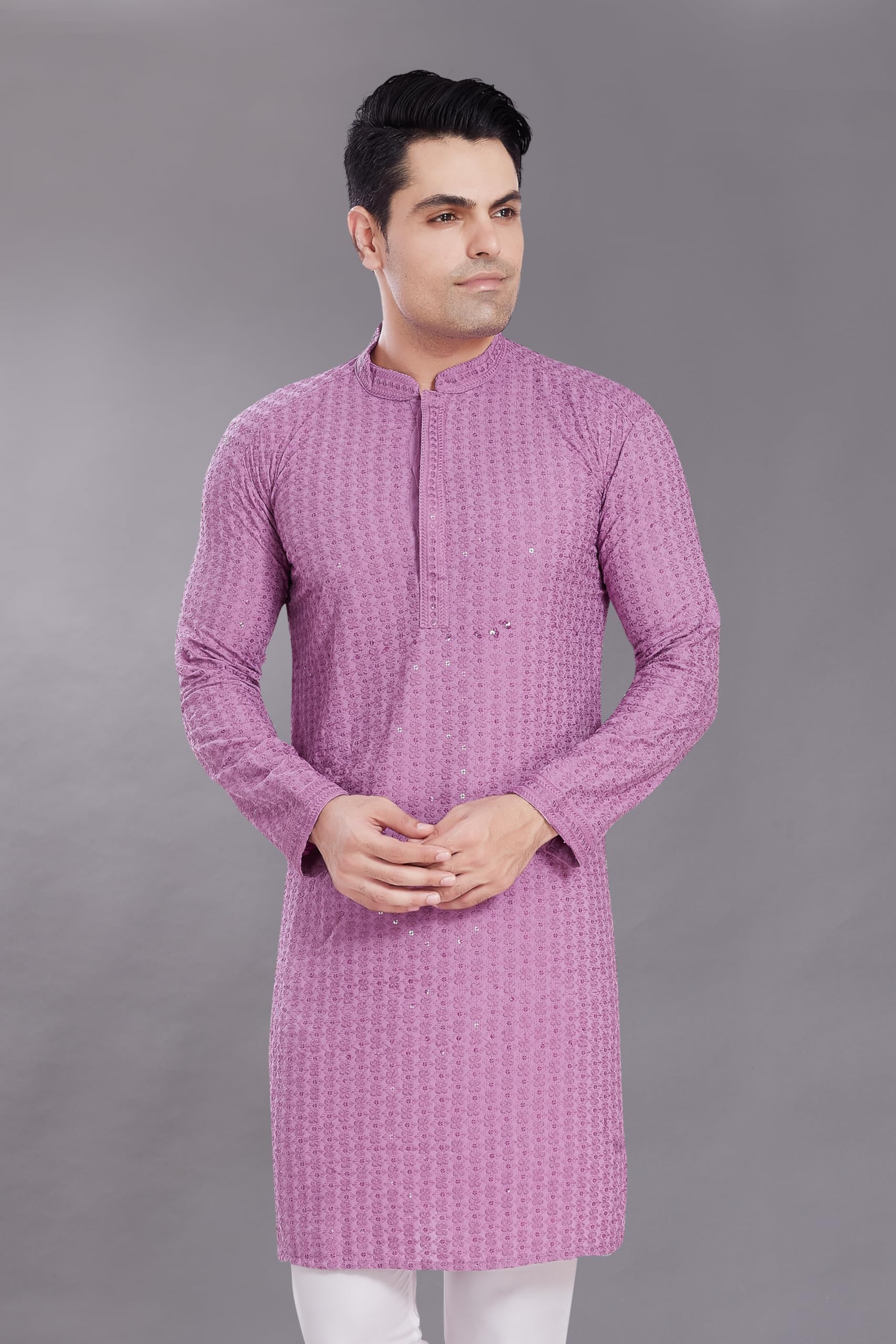 Divisive Men's Sequince Embroidered Cotton Blend Only Slim Fit Kurta (Dkrt512_Xxxl_Lavendar)
