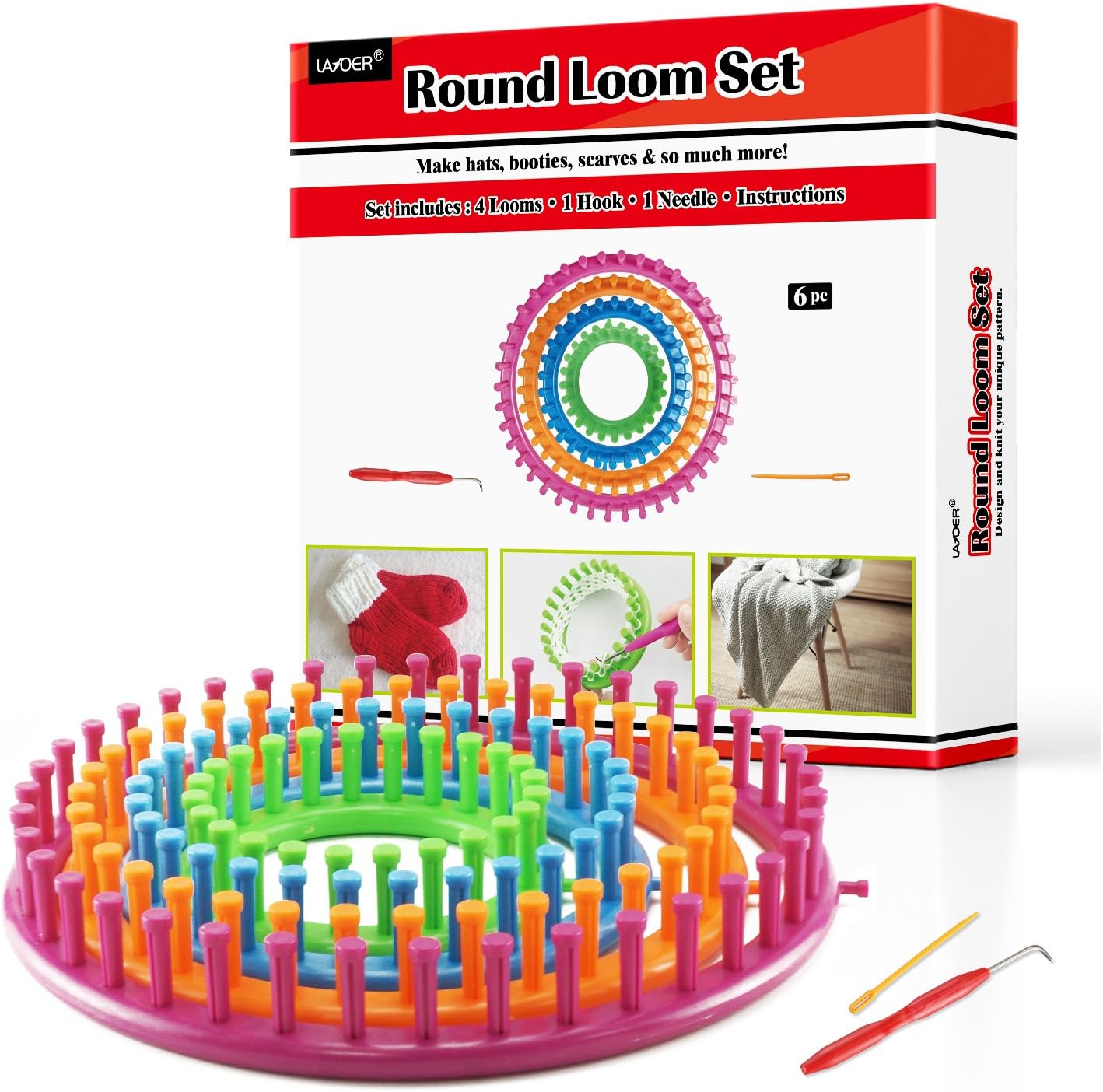 LAYOER Round Knitting Loom Set with Hook Needle Kit Yarn Cord Knitter 4