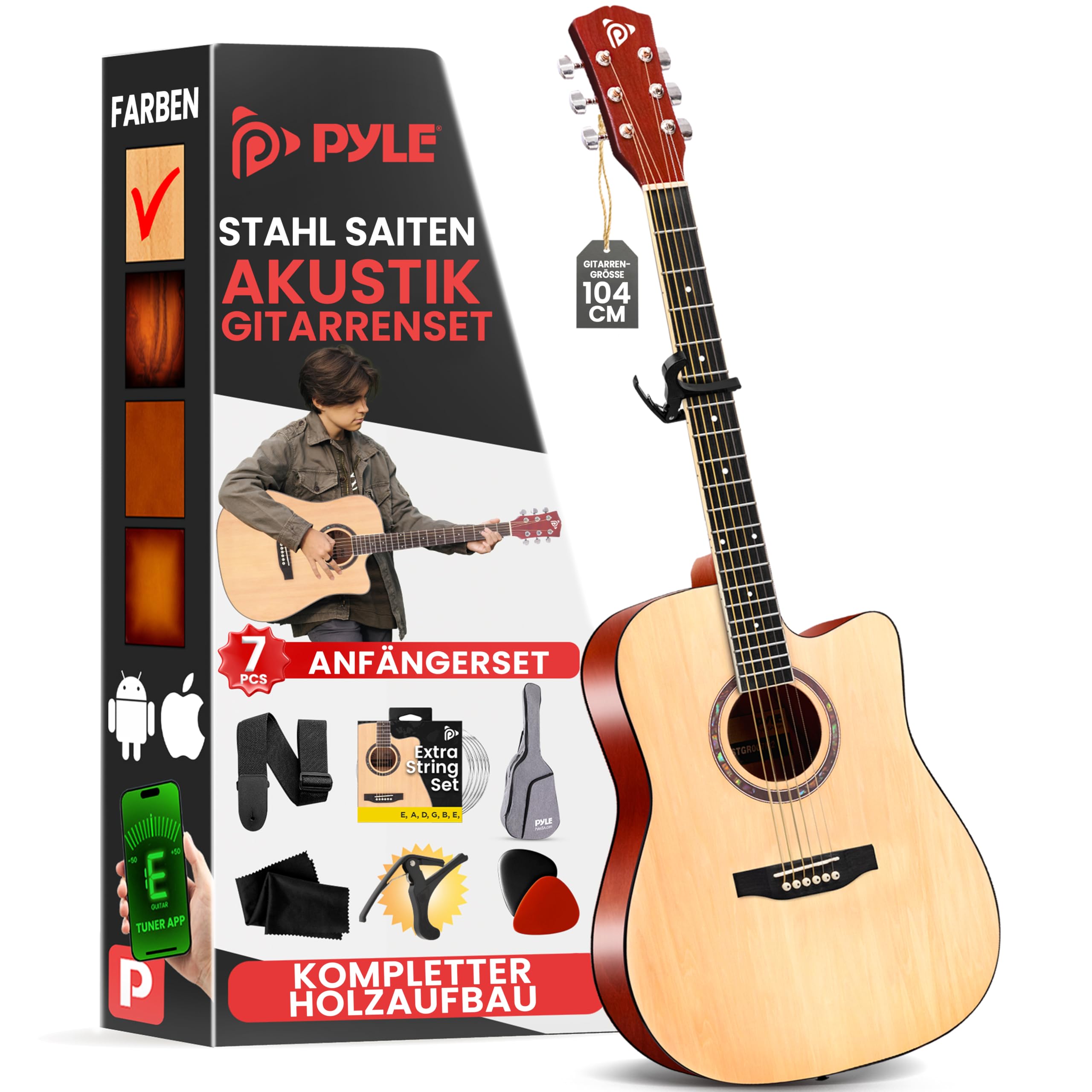 Pyle Cutaway-Akustikgitarre, Rechtshändig, 4/4 Größe, Natur