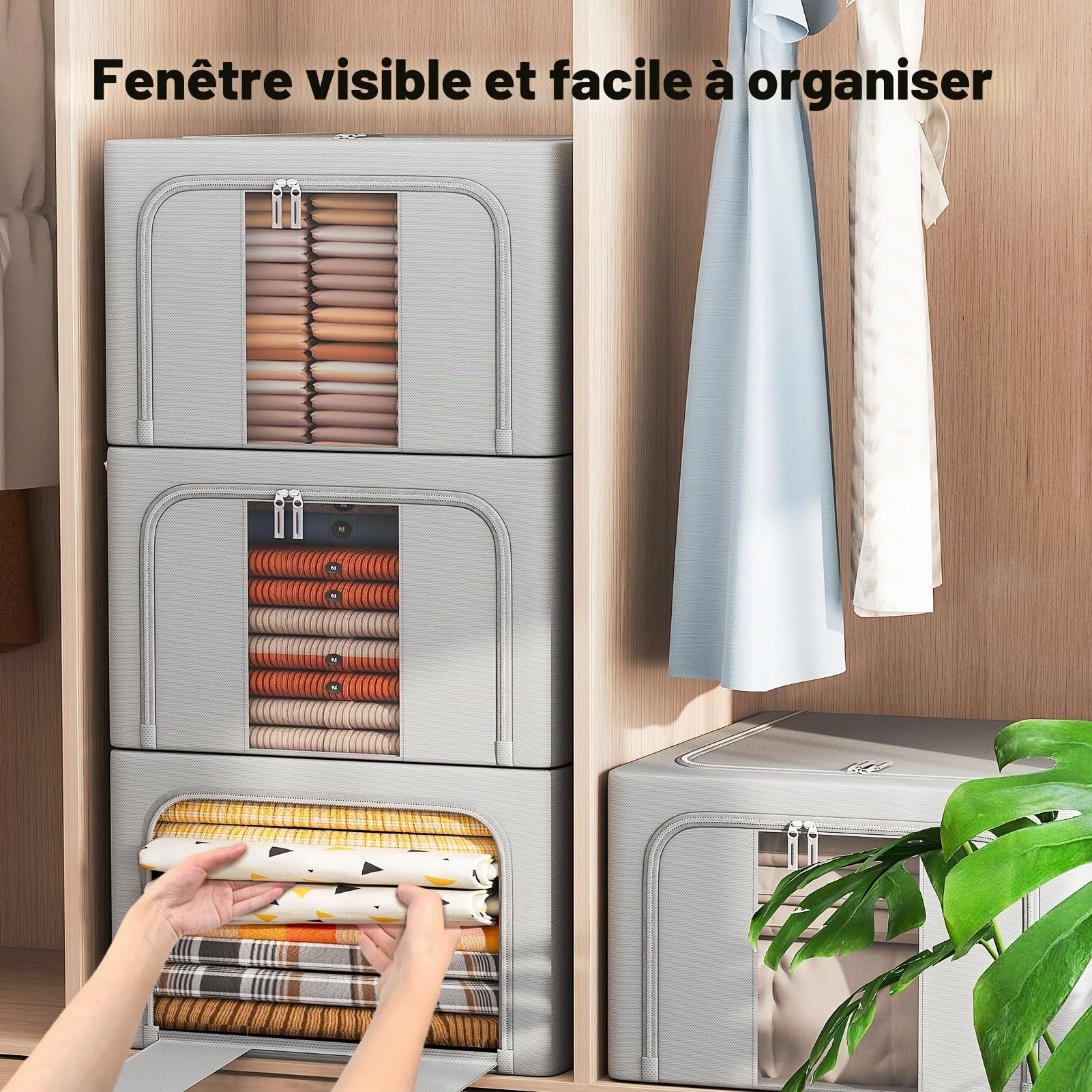 GoMaihe 3 pièces Sac de Rangement Vetement 198L: Boîte de Rangement Pliable - Housse Rangement Couette Organisateur de Placard, Sac Rangement Vetement avec Cadre Métallique - Empilables (Gris,66L)