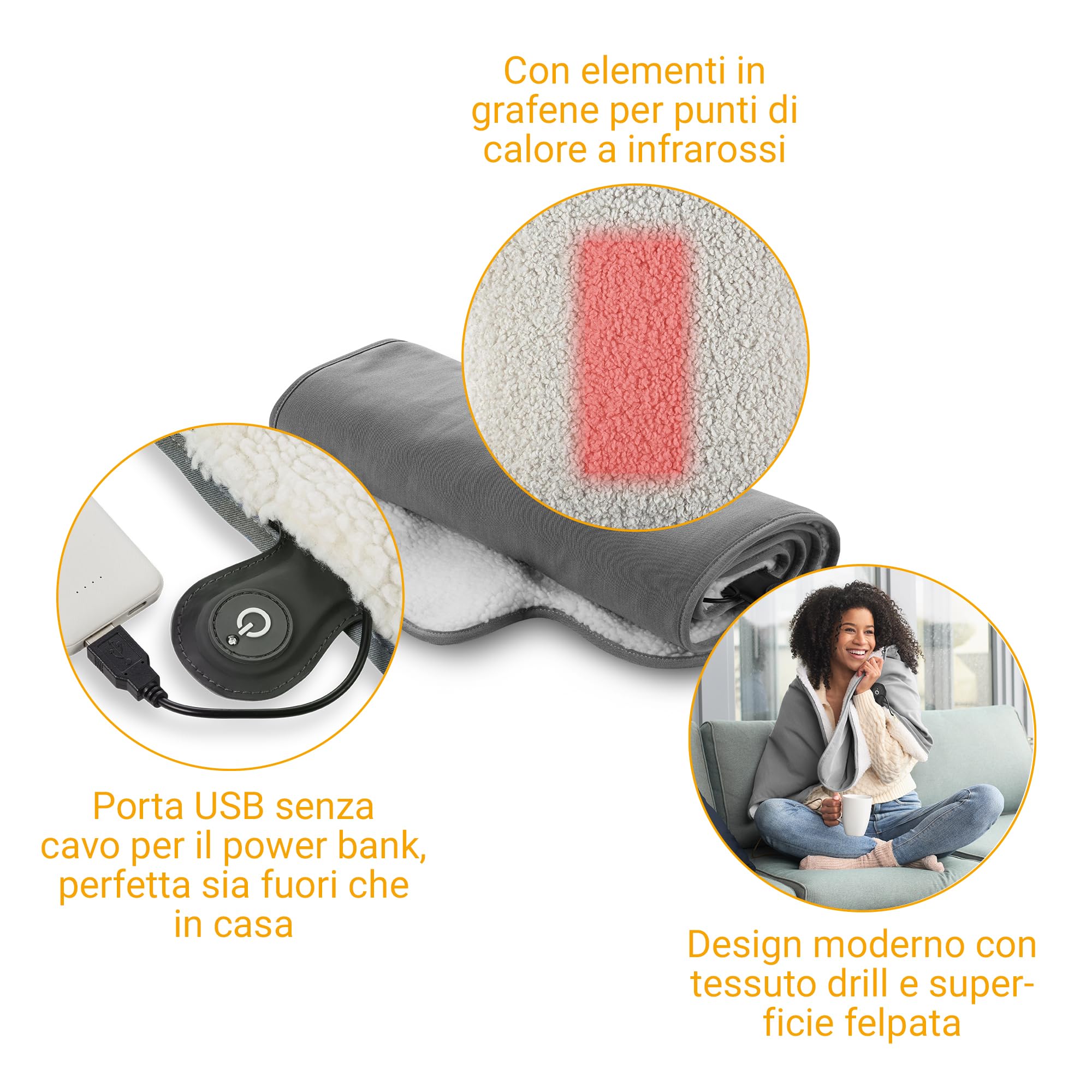 medisana OL 800 coperta riscaldante per esterni, coperta termica senza fili | 3 temperatuurniveaus voor reizen, zacht donzig materiaal, compact oprolbaar, met opbergtas