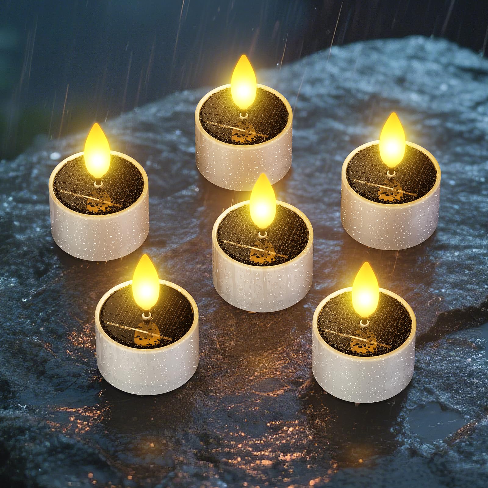 SoulBay Solar Candles Outdoor Waterproof, 6 Pack Small Flameless Flickering LED Tea Lights with Dusk to Dawn Sensor, Bright Lights for Lanterns Window Chandelier Garden Patio Deck Chandelier Décor