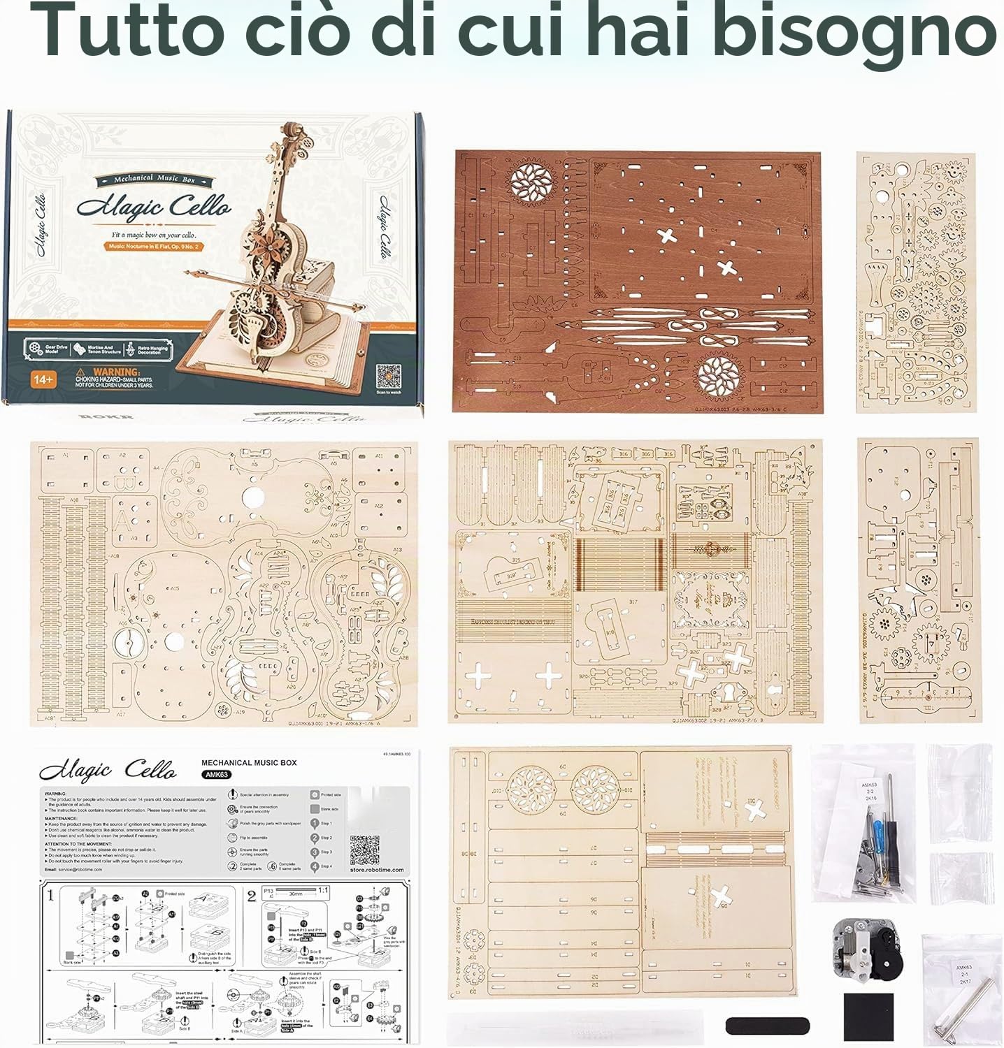 ROBOTIME Puzzle 3D in Legno, Violoncello Music Box Kit Modello per Adulti, Ingranaggio Costruzioni Kit Artigianali, Ideale Regalo per Uomini e Donne, Regalo per La Festa Della Mamma