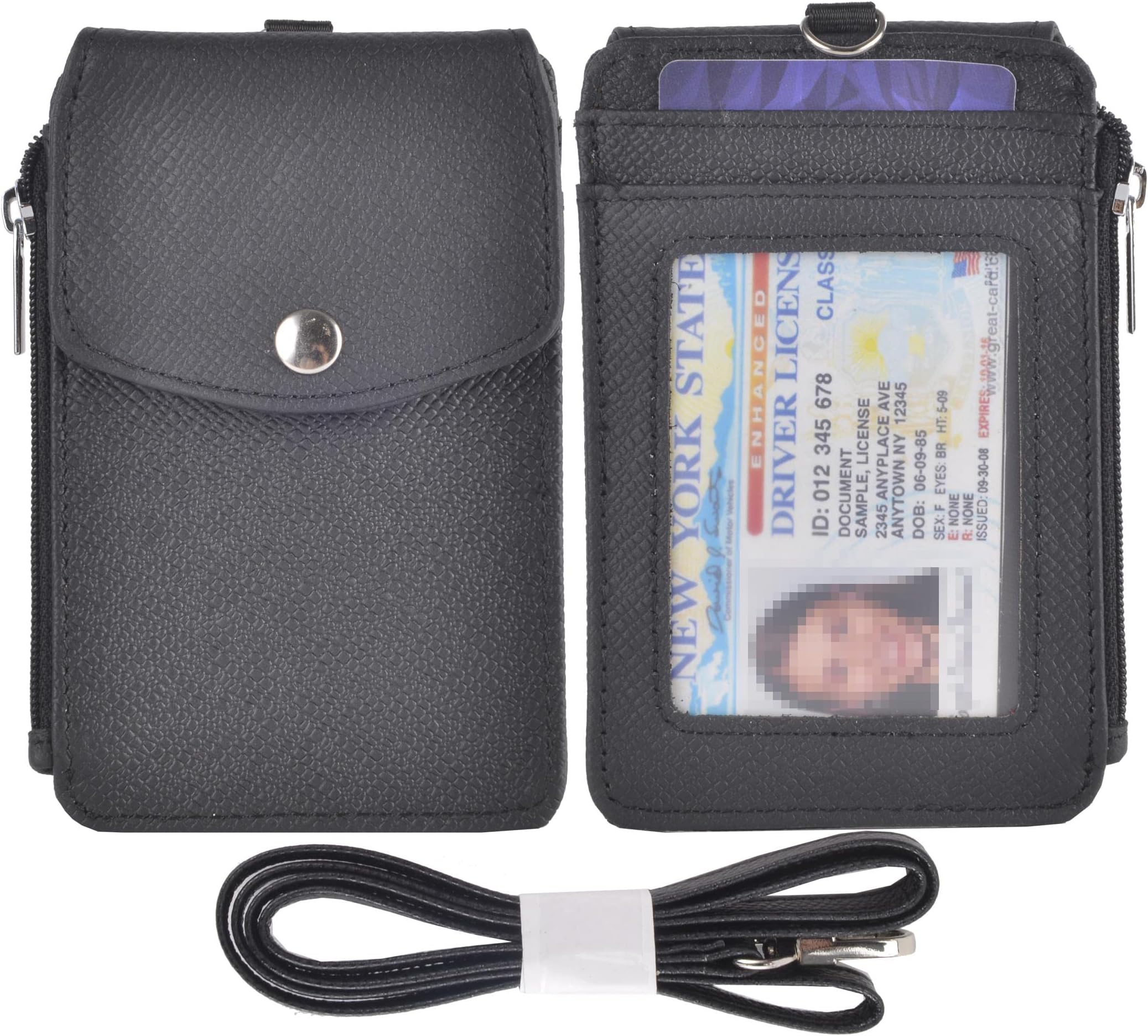 Woogwin Leather Badge Holder with Lanyard, ID Card Holder Wallet,1 Side Zipper Pocket, 4 Card Slots, 1 ID Window,1 Heavy Duty Leather Lanyard (Crossblack)