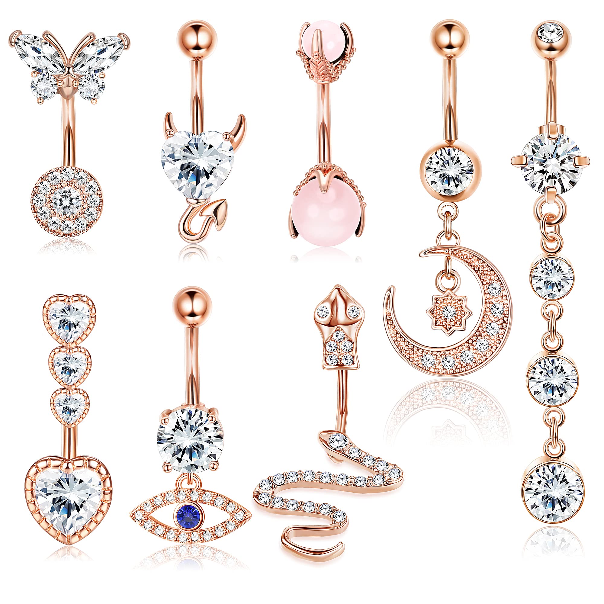 MILACOLATO 14G Piercing Ombligo Acero Quirurgico Plata Oro Rosa Negro Pircings Para El Ombligo Para Mujer CZ Serpiente Calavera Mano Ópalo Mariposa Corazón Luna Colgantes Barra Anillo Ombligo 8Pcs