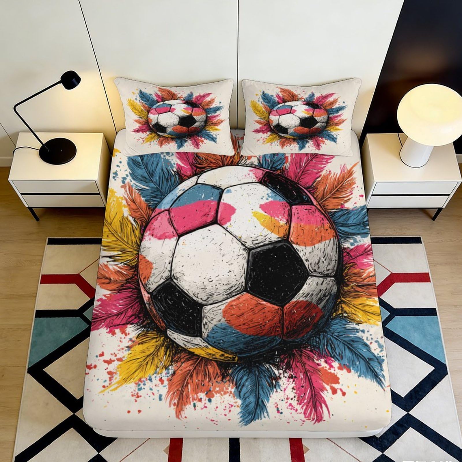 3D Printed Colorful Soccer Ball Fitted Sheet Microfiber Soft Breathable Splash Bed Cover for Bedroom Dorm Decor 90x200x25cm