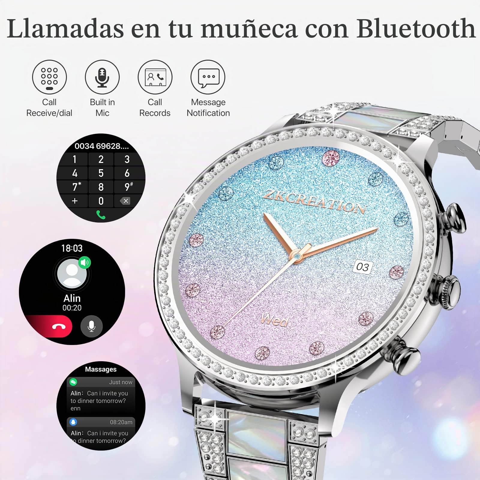 ZKCREATION Reloj Inteligente Mujer con Llamadas y WhatsaApp - Smartwatch Mujer con Presión Arterial Pulsómetro Pulsera Actividad con Monitor Sueño 20 Modo Deportivo Pulsera Reloj Regalos para Mujeres