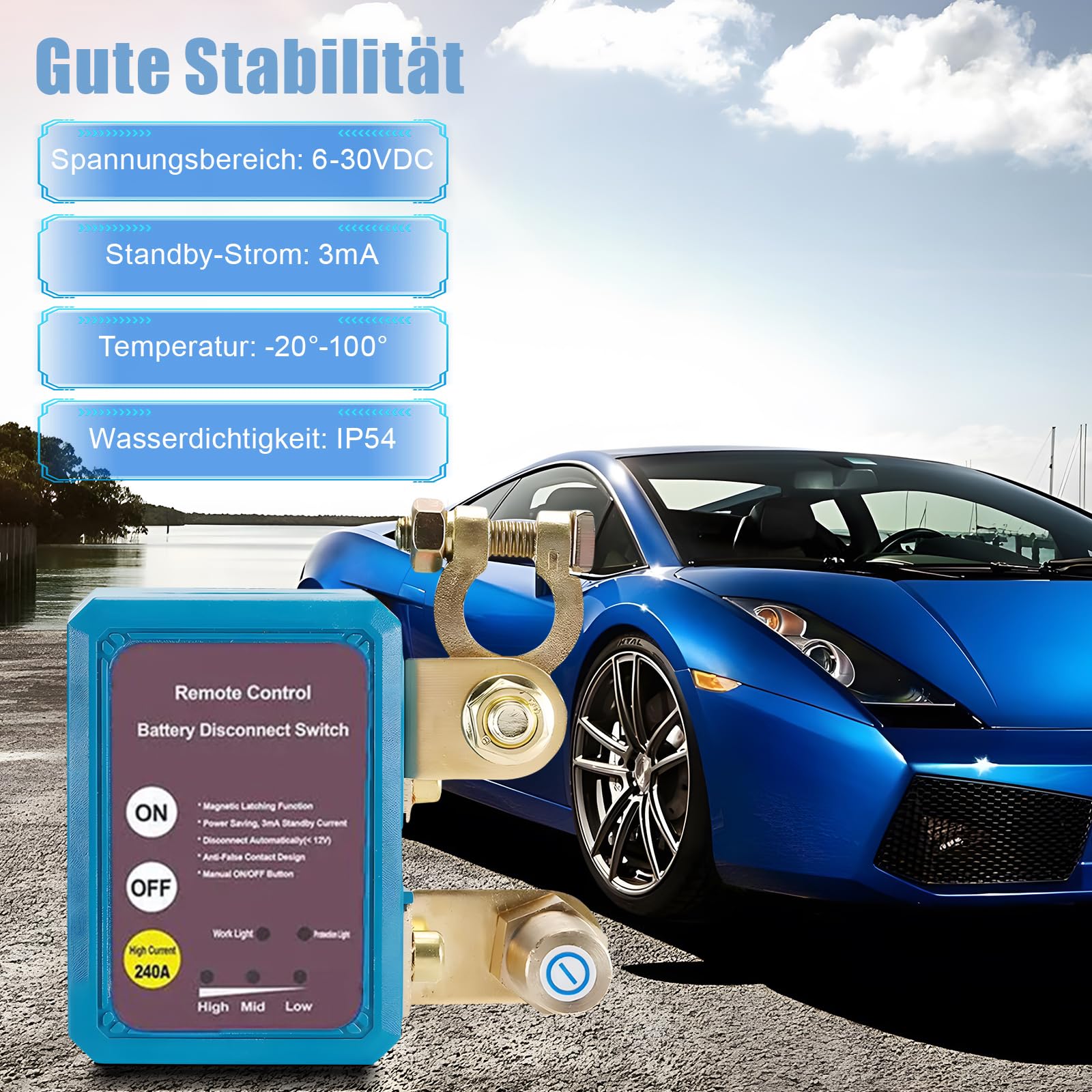 Drahtlose Fernbedienung Auto Isolator Schalter,12V/24V Batterie Trennschalter 240A,Kill Switch Anti-Diebstahl Automatische Abschaltung Batterietrennschalter (Standard)