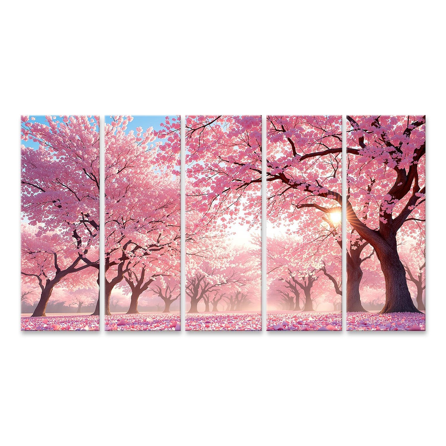 islandburner Quadro su tela Bellissimo murale con alberi di ciliegio in fiore al tramonto – 5 pezzi XXL