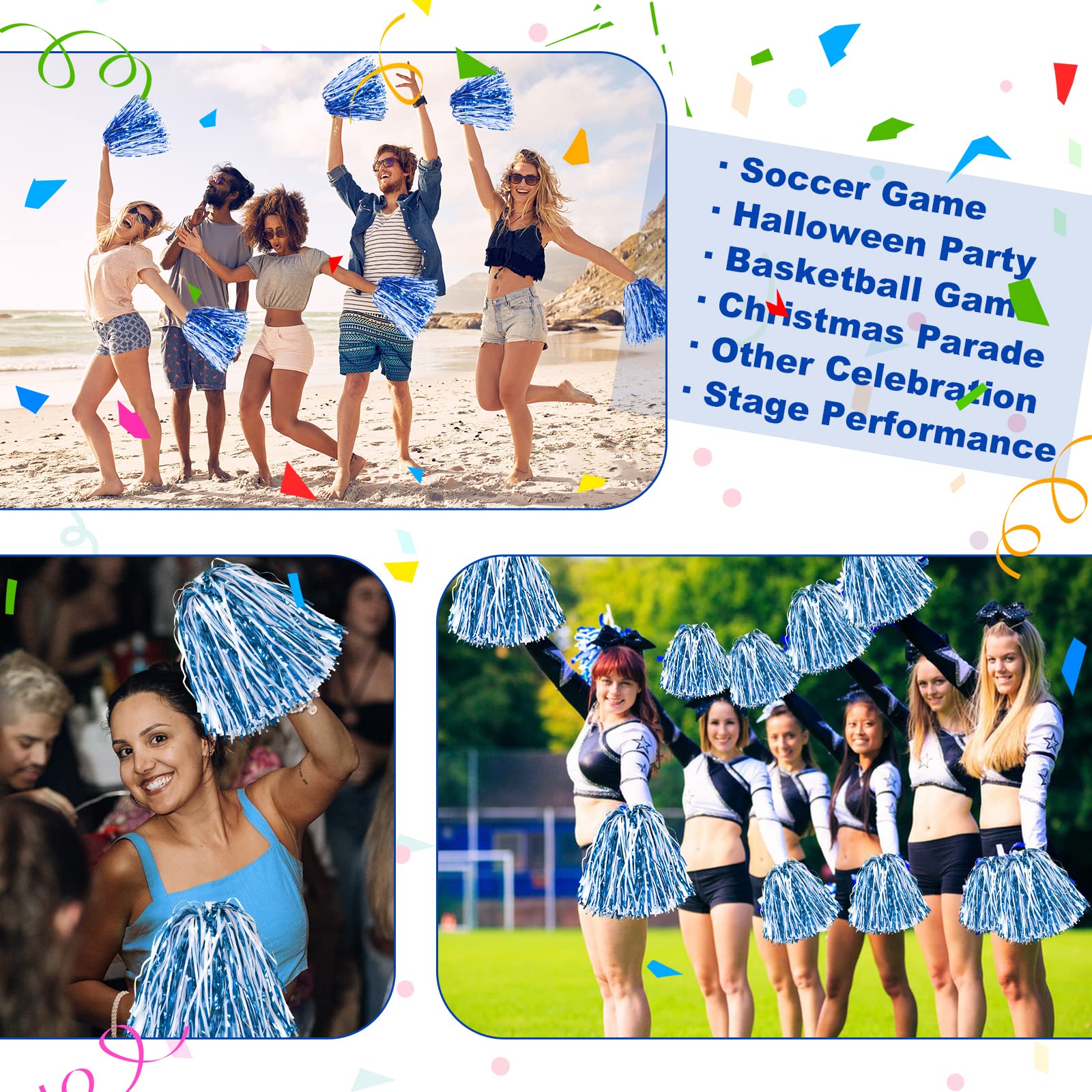 Lot de 24 pompons métalliques de pom-pom girl pour enfants, pom-pom girls avec poignée bâton, fleur de main d'équipe pour adultes, esprit d'équipe, sport, fête dansante (bleu et blanc)