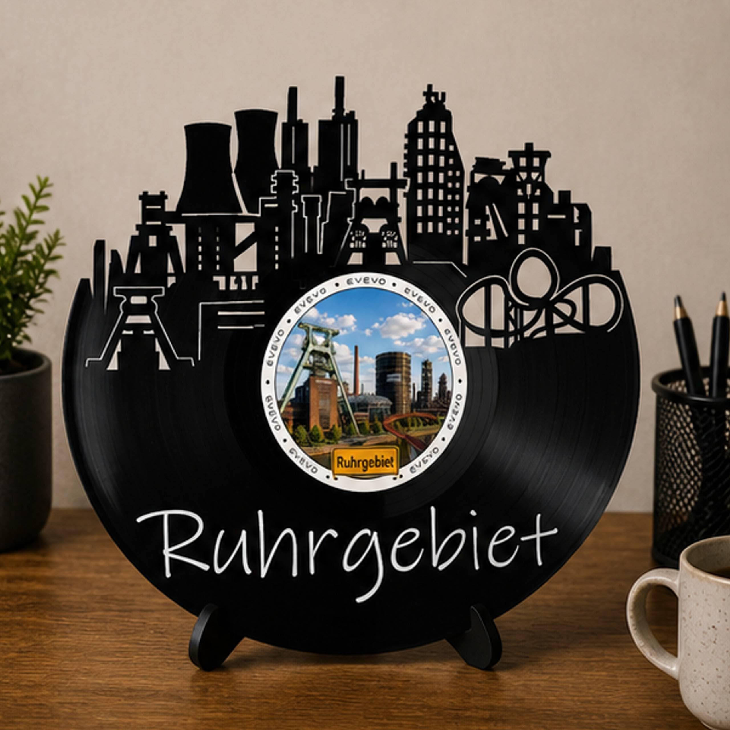 EVEVO Decorazione da parete a forma di disco Ruhrgebiet, decorazione da parete in vinile, motivo skyline di Ruhrpott, regalo per gli appassionati di carbone e acciaio, cultura industriale per amanti