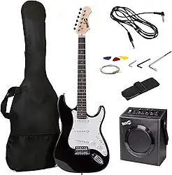 RockJam Superkit de guitarra elétrica com 10 watts Amp, bolsa de gig, palhetas e aulas online pacote com 6 cordas, direita, preto, completo (RJEG03-SK-BK)