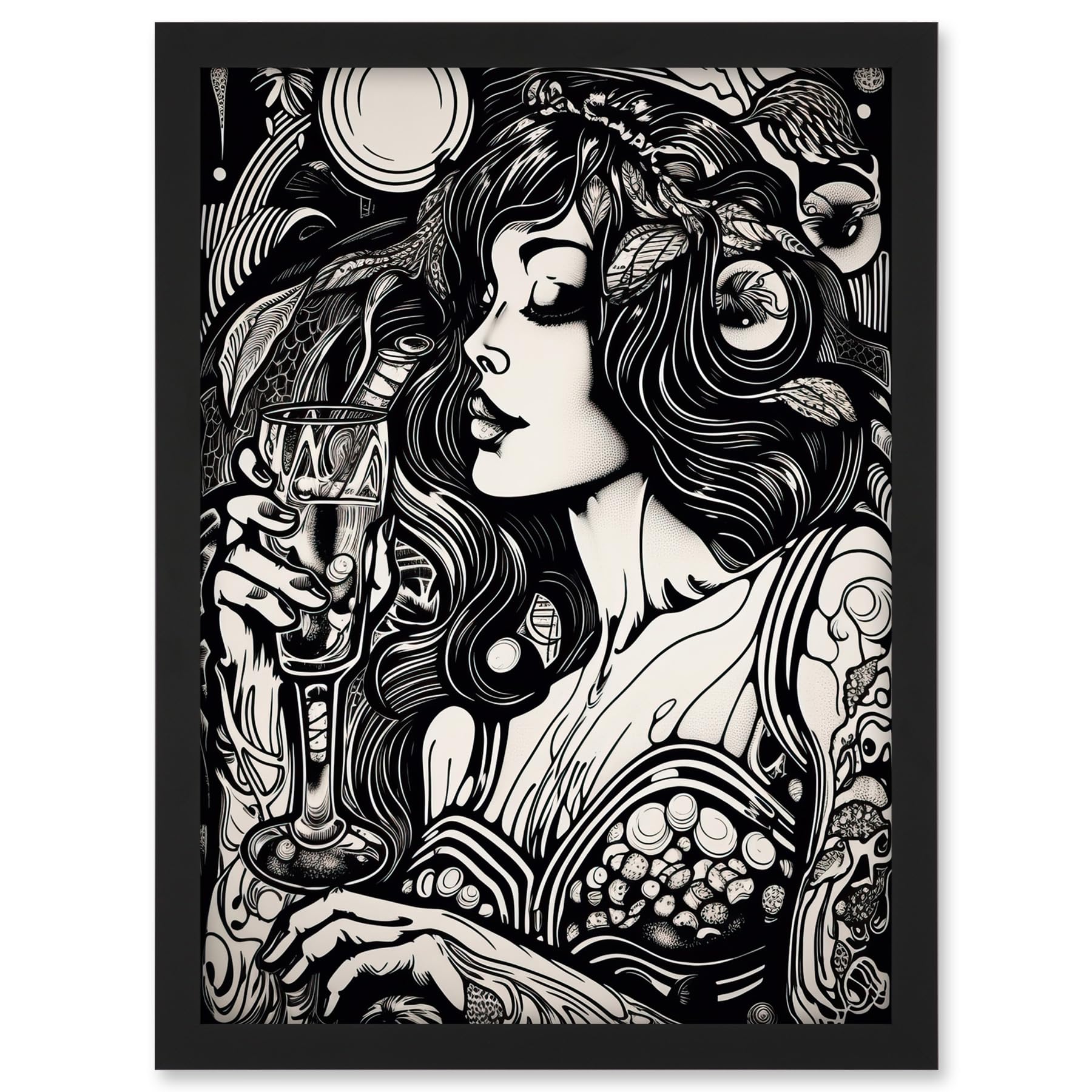 Artery8 Woman Drinking Wine Black and White Illustration Artwork Framed A3 Wall Art Print