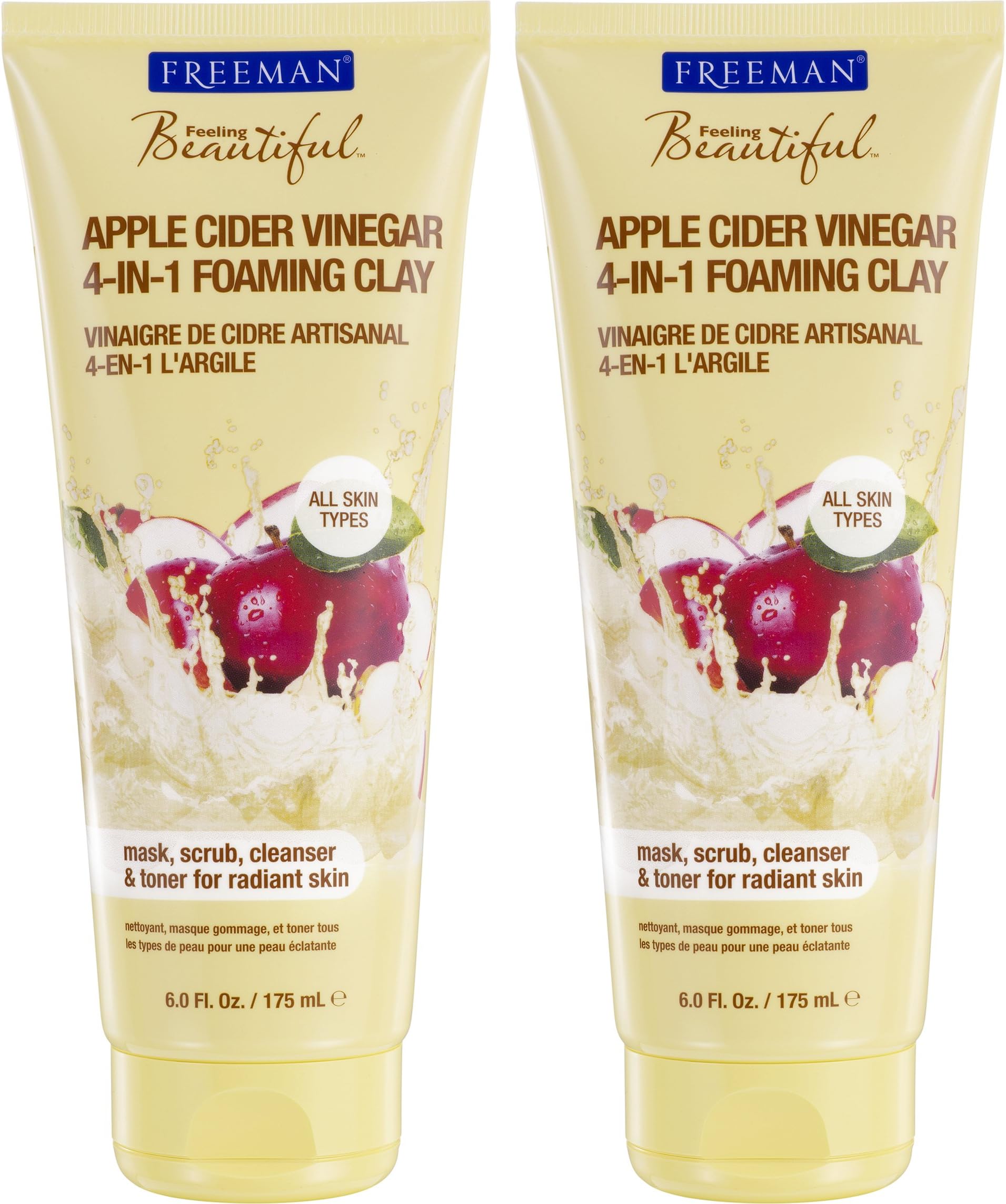 FreemanFeeling Beautiful Apple Cider Vinegar 4-in-1 Foaming Clay Mask and Scrub, 6-Ounce, 2 Count