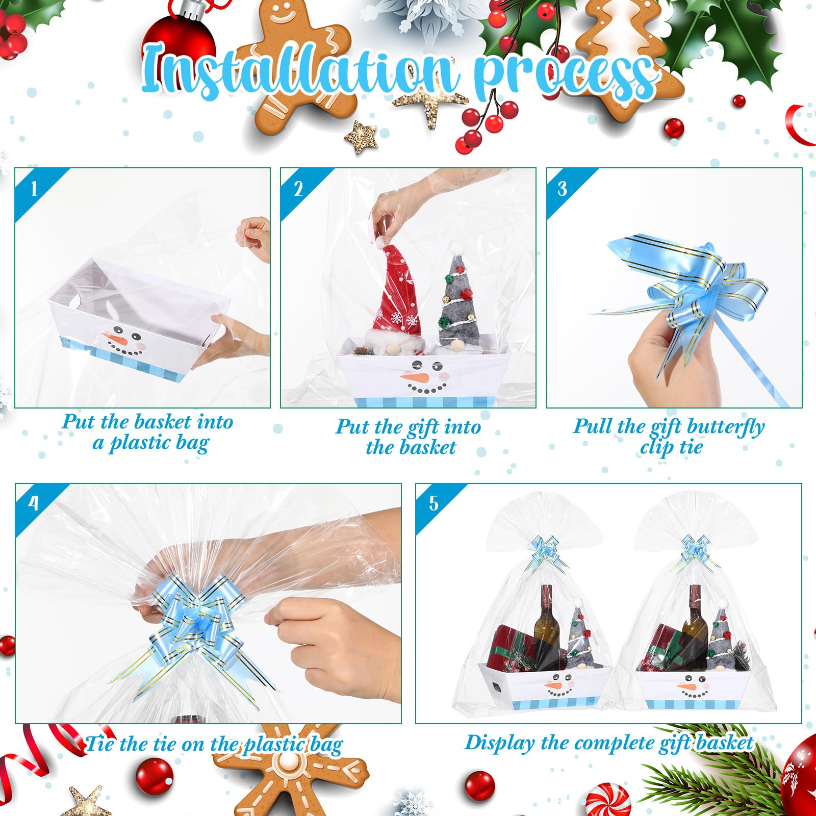 Cholemy Confezione da 12 cesti regalo vuoti natalizi da 30,5 x 25,4 x 10 cm, include 12 cestini di cartone con faccia di pupazzo di neve, 12 sacchetti di plastica e 12 fiocchi, grandi cesti regalo di